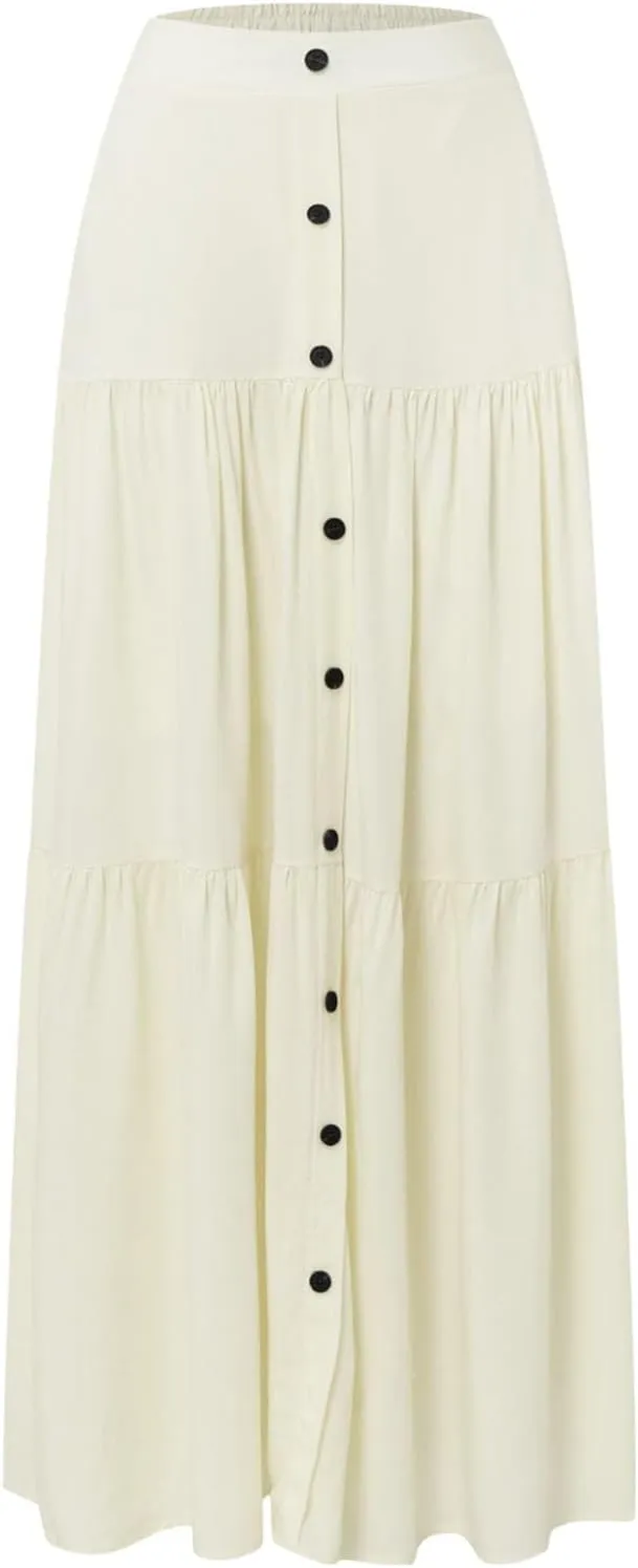 Flowy Skirts for Women Front Button High Waist Tummy Control Solid Pleated A-Line Casual Summer Skirts for Vacation