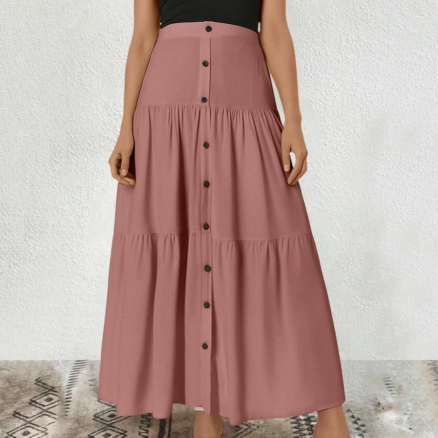Flowy Skirts for Women Front Button High Waist Tummy Control Solid Pleated A-Line Casual Summer Skirts for Vacation