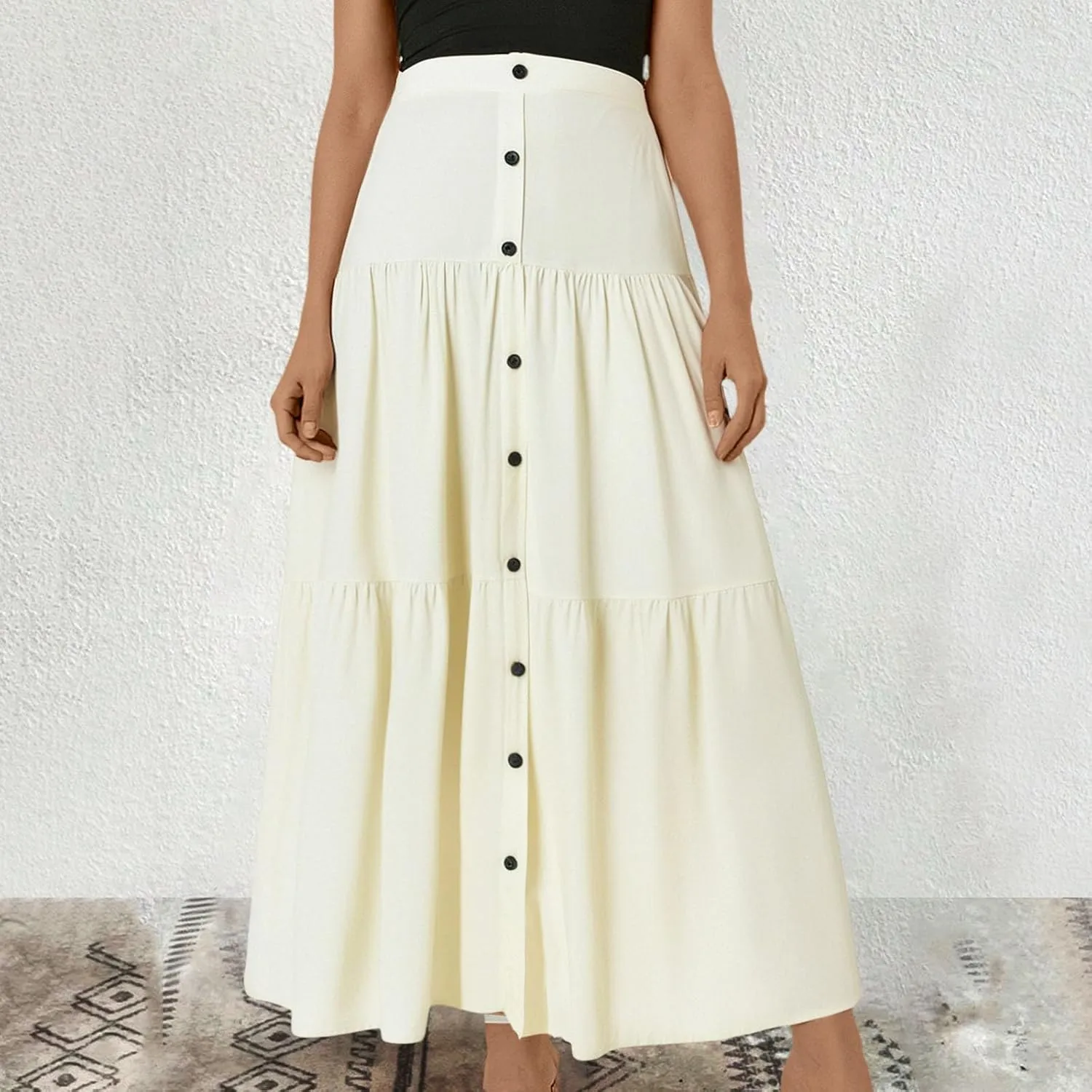 Flowy Skirts for Women Front Button High Waist Tummy Control Solid Pleated A-Line Casual Summer Skirts for Vacation