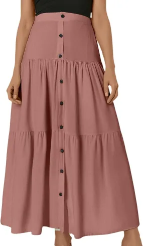 Flowy Skirts for Women Front Button High Waist Tummy Control Solid Pleated A-Line Casual Summer Skirts for Vacation