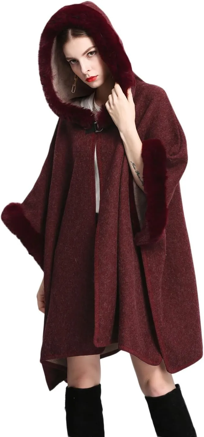 Gihuo Women's Luxury Batwing Sleeve Faux Fur Hooded Cloak Poncho Sweater Cape