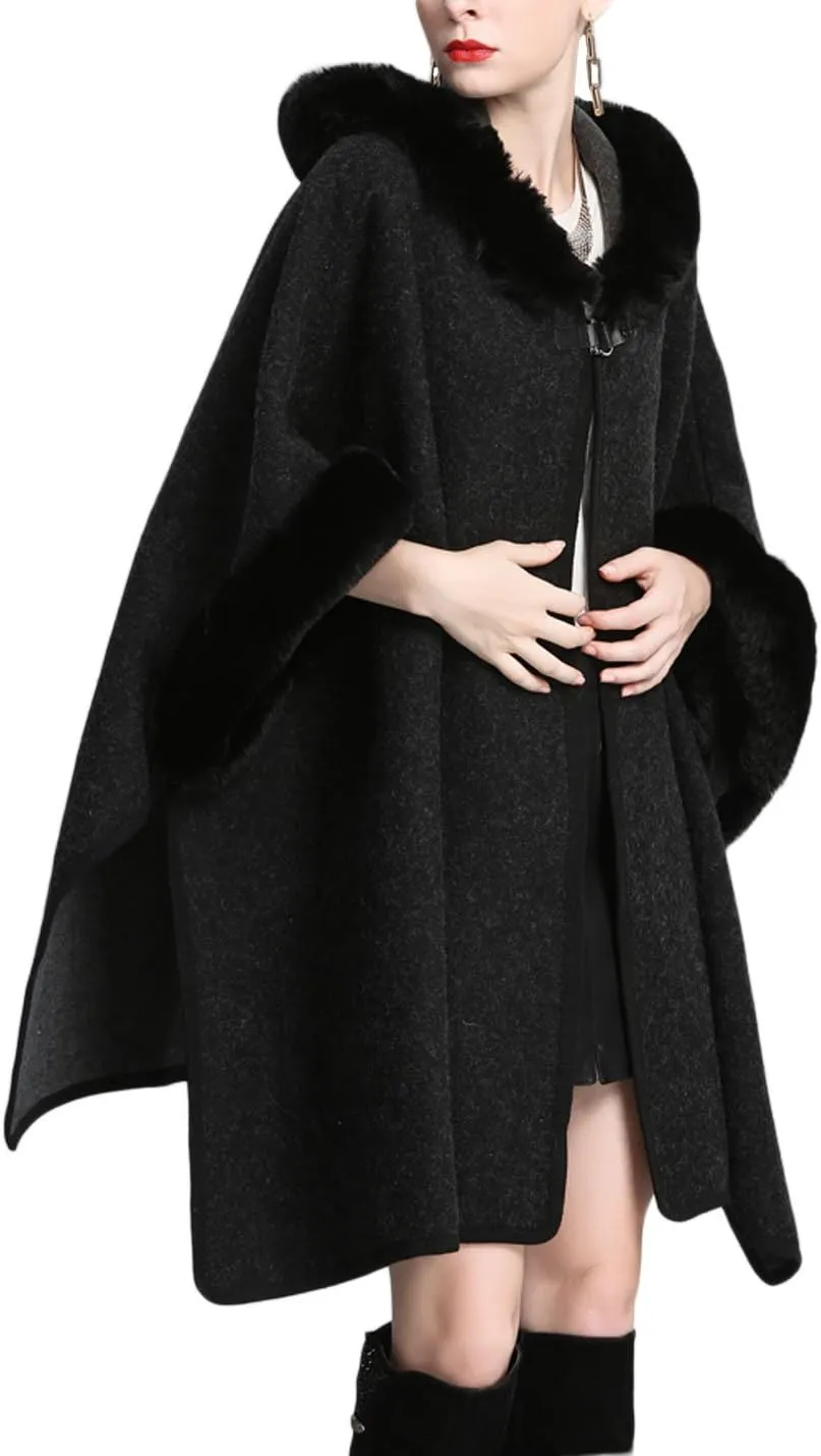 Gihuo Women's Luxury Batwing Sleeve Faux Fur Hooded Cloak Poncho Sweater Cape
