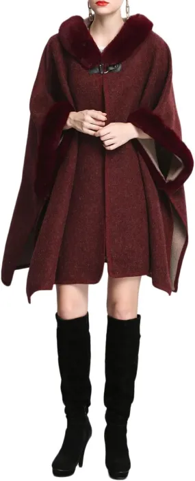 Gihuo Women's Luxury Batwing Sleeve Faux Fur Hooded Cloak Poncho Sweater Cape