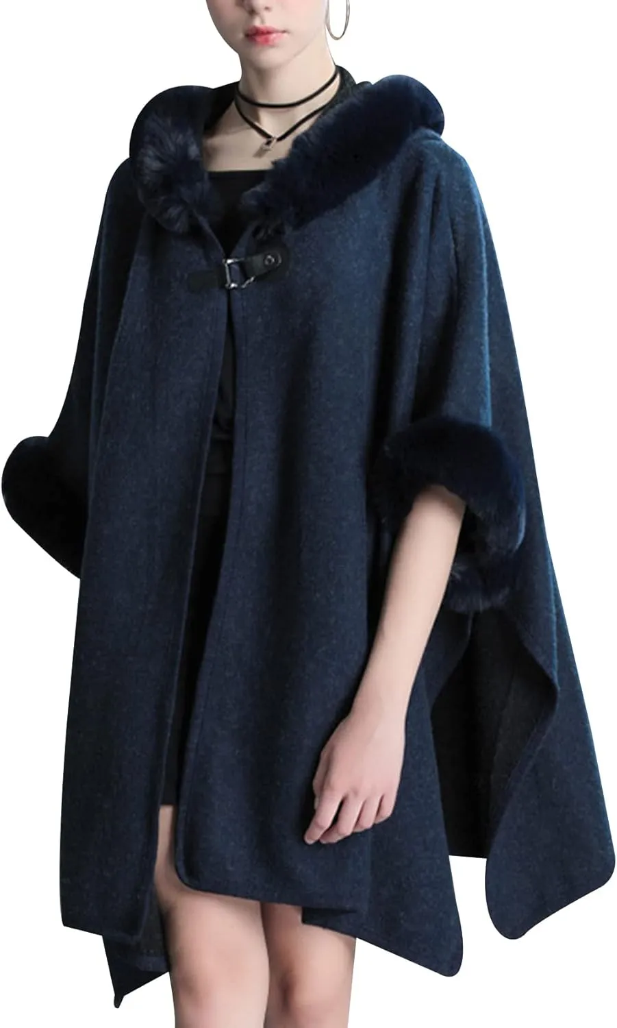 Gihuo Women's Luxury Batwing Sleeve Faux Fur Hooded Cloak Poncho Sweater Cape