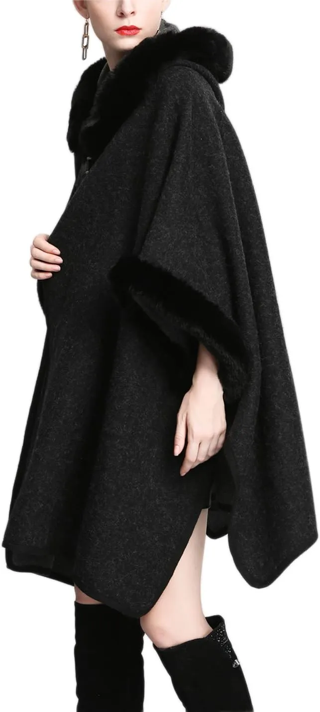 Gihuo Women's Luxury Batwing Sleeve Faux Fur Hooded Cloak Poncho Sweater Cape