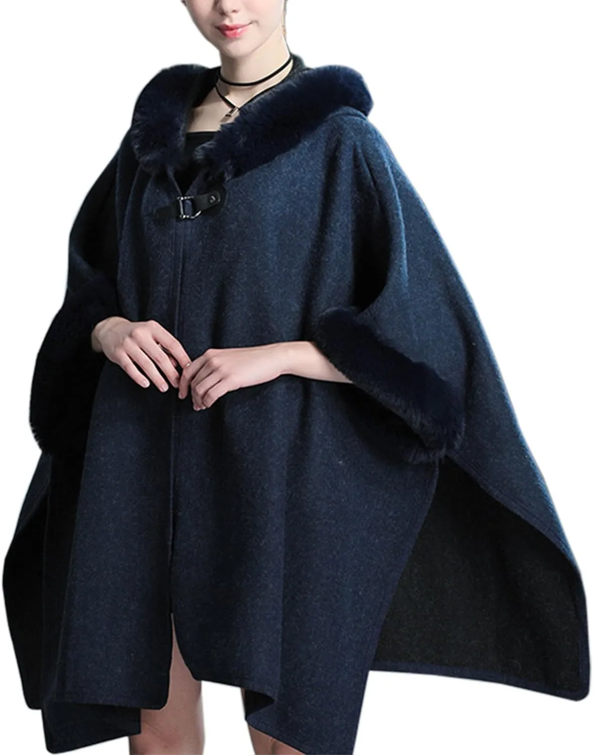 Gihuo Women's Luxury Batwing Sleeve Faux Fur Hooded Cloak Poncho Sweater Cape