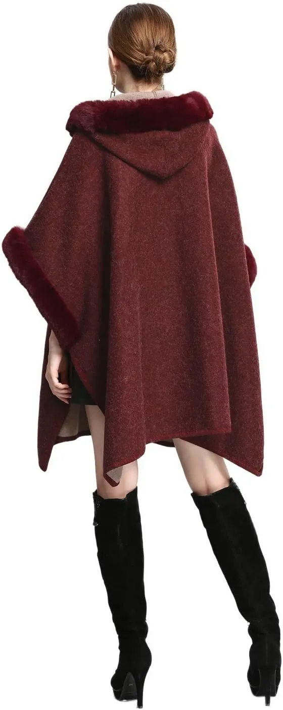 Gihuo Women's Luxury Batwing Sleeve Faux Fur Hooded Cloak Poncho Sweater Cape
