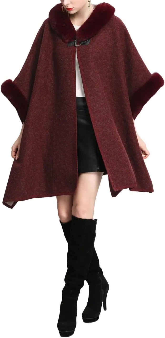 Gihuo Women's Luxury Batwing Sleeve Faux Fur Hooded Cloak Poncho Sweater Cape