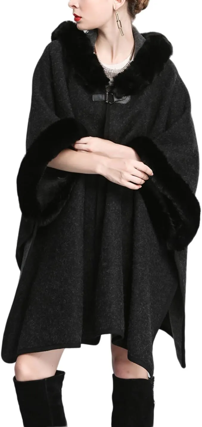 Gihuo Women's Luxury Batwing Sleeve Faux Fur Hooded Cloak Poncho Sweater Cape