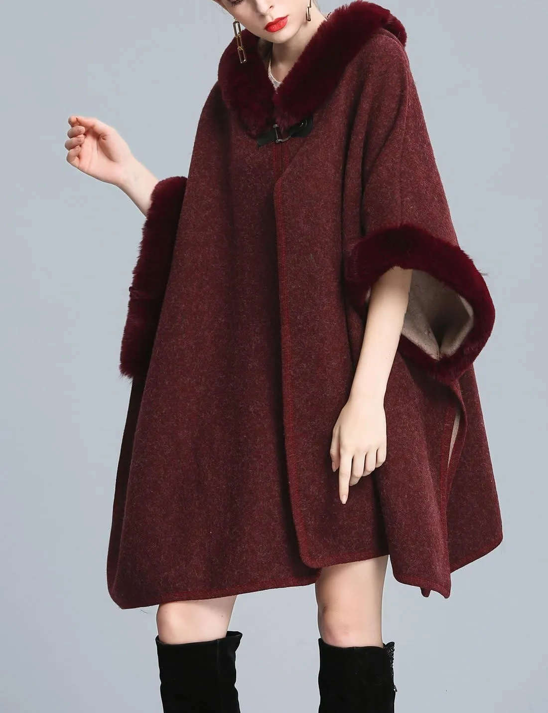 Gihuo Women's Luxury Batwing Sleeve Faux Fur Hooded Cloak Poncho Sweater Cape