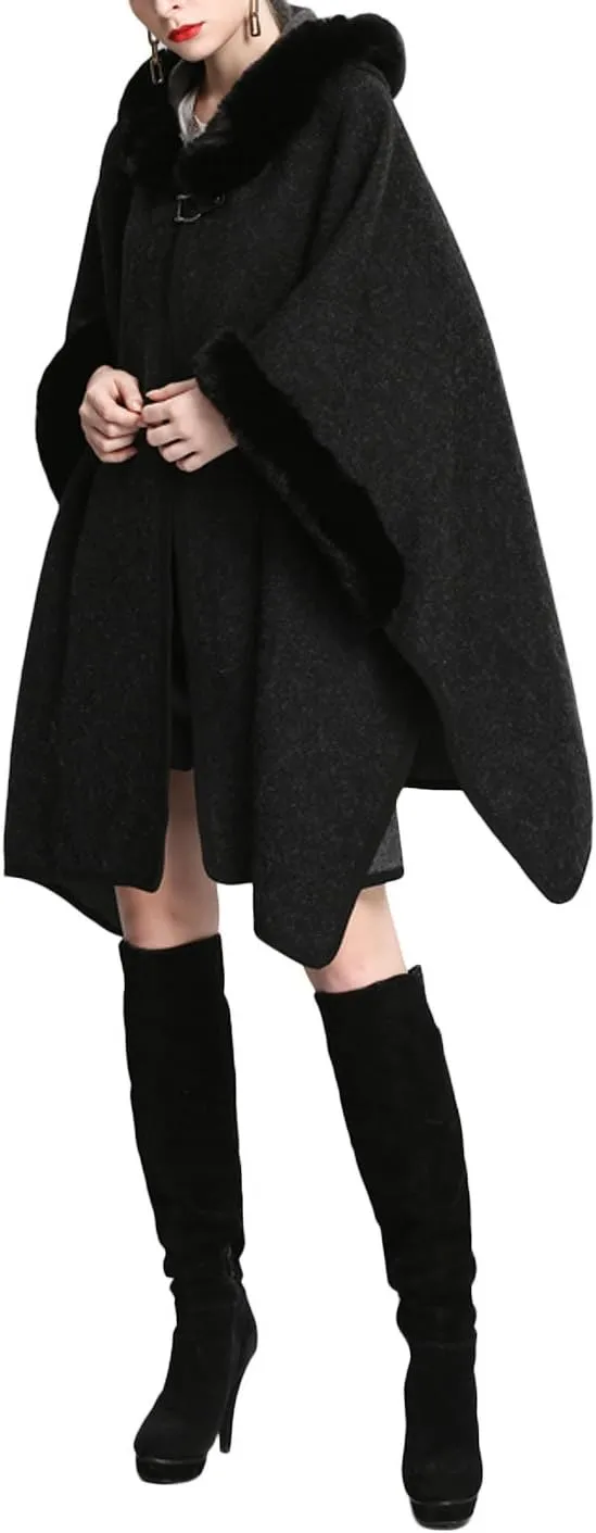 Gihuo Women's Luxury Batwing Sleeve Faux Fur Hooded Cloak Poncho Sweater Cape