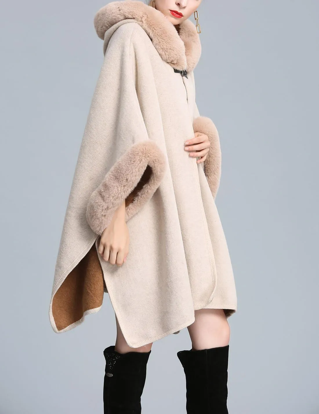 Gihuo Women's Luxury Batwing Sleeve Faux Fur Hooded Cloak Poncho Sweater Cape