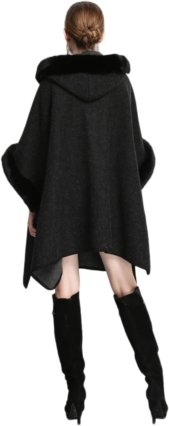 Gihuo Women's Luxury Batwing Sleeve Faux Fur Hooded Cloak Poncho Sweater Cape