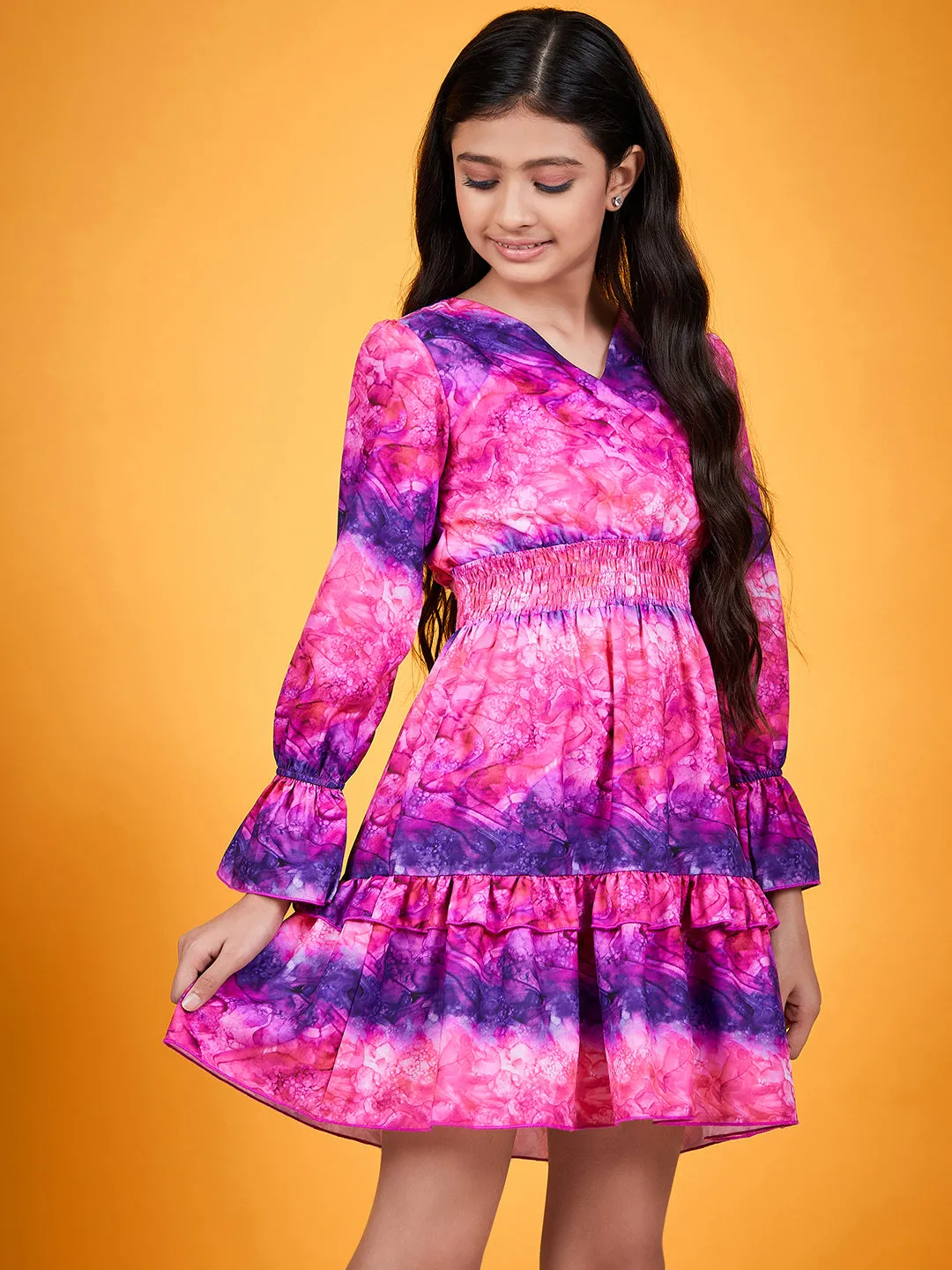 Girls Abstract Printed V-Neck Smocked Ruffled Fit Flare Dress - Ps Peaches