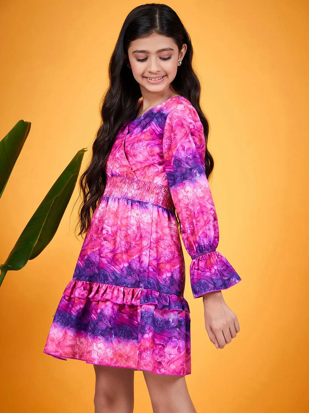 Girls Abstract Printed V-Neck Smocked Ruffled Fit Flare Dress - Ps Peaches