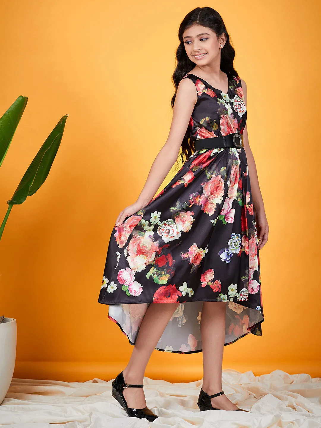 Girls Floral Printed Belted A Line Midi Dress - Ps Peaches
