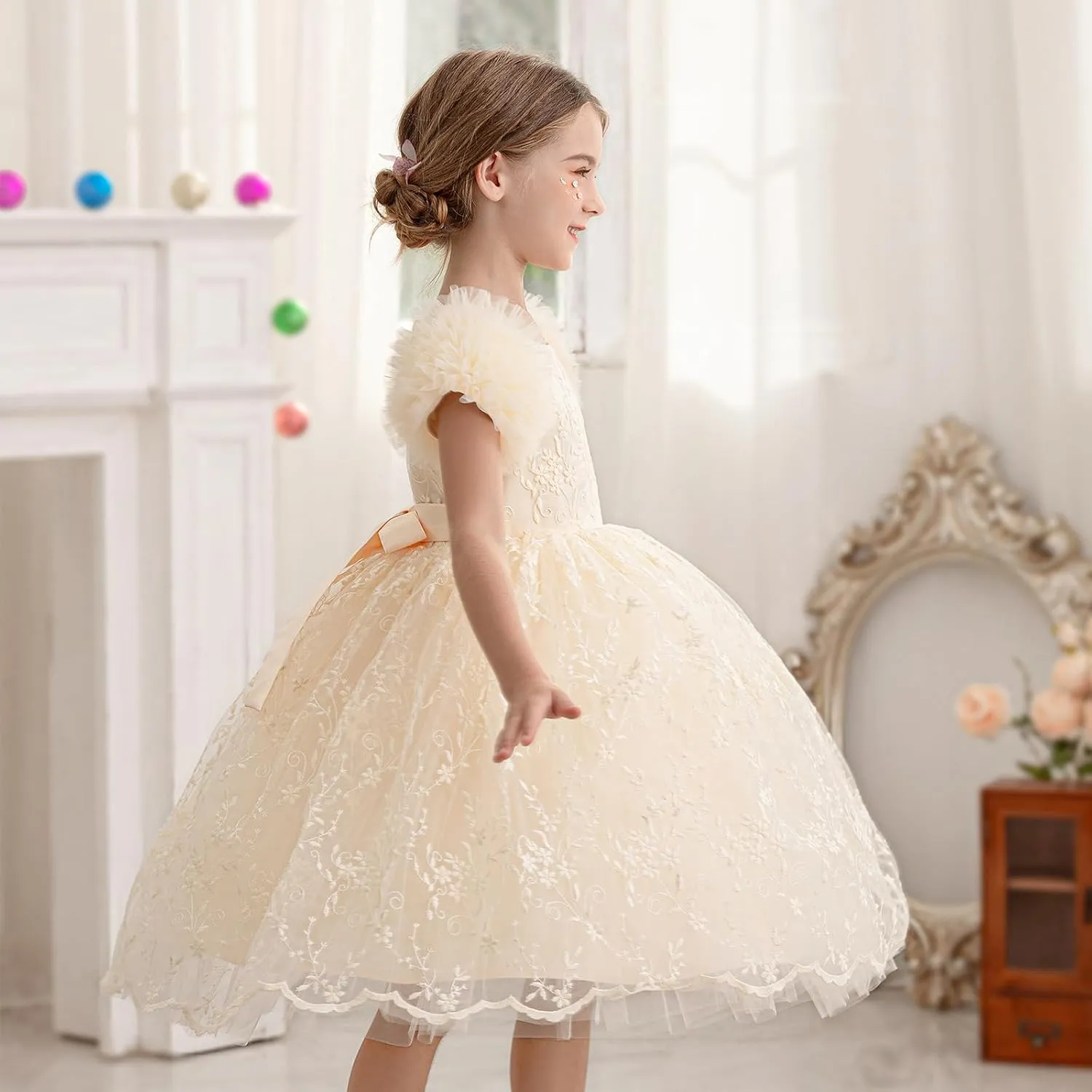 Girls Ruffled Cake Sleeve Lace Dress Fancy Tulle Pageant Homecoming Party Dresses
