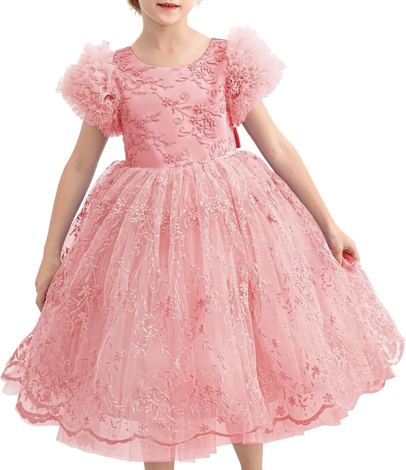Girls Ruffled Cake Sleeve Lace Dress Fancy Tulle Pageant Homecoming Party Dresses