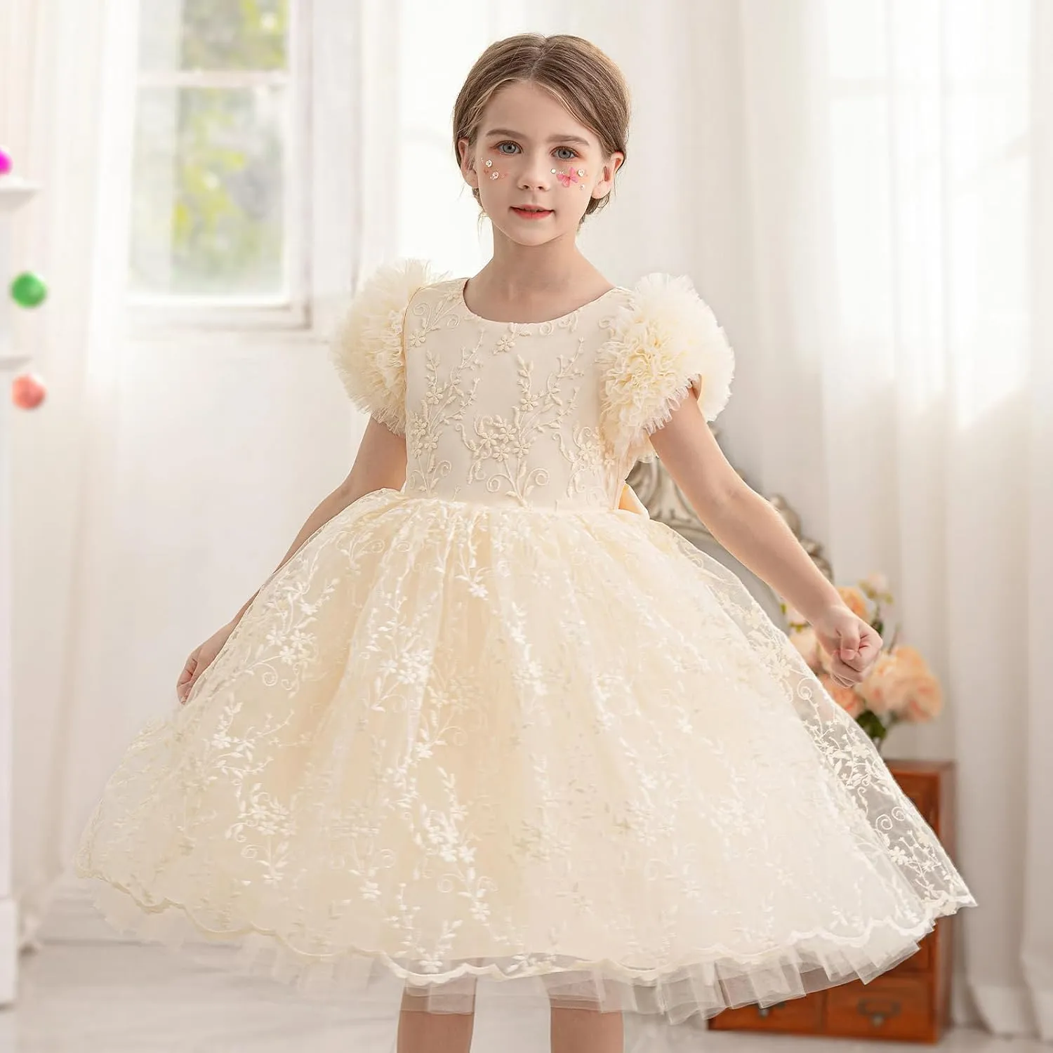 Girls Ruffled Cake Sleeve Lace Dress Fancy Tulle Pageant Homecoming Party Dresses