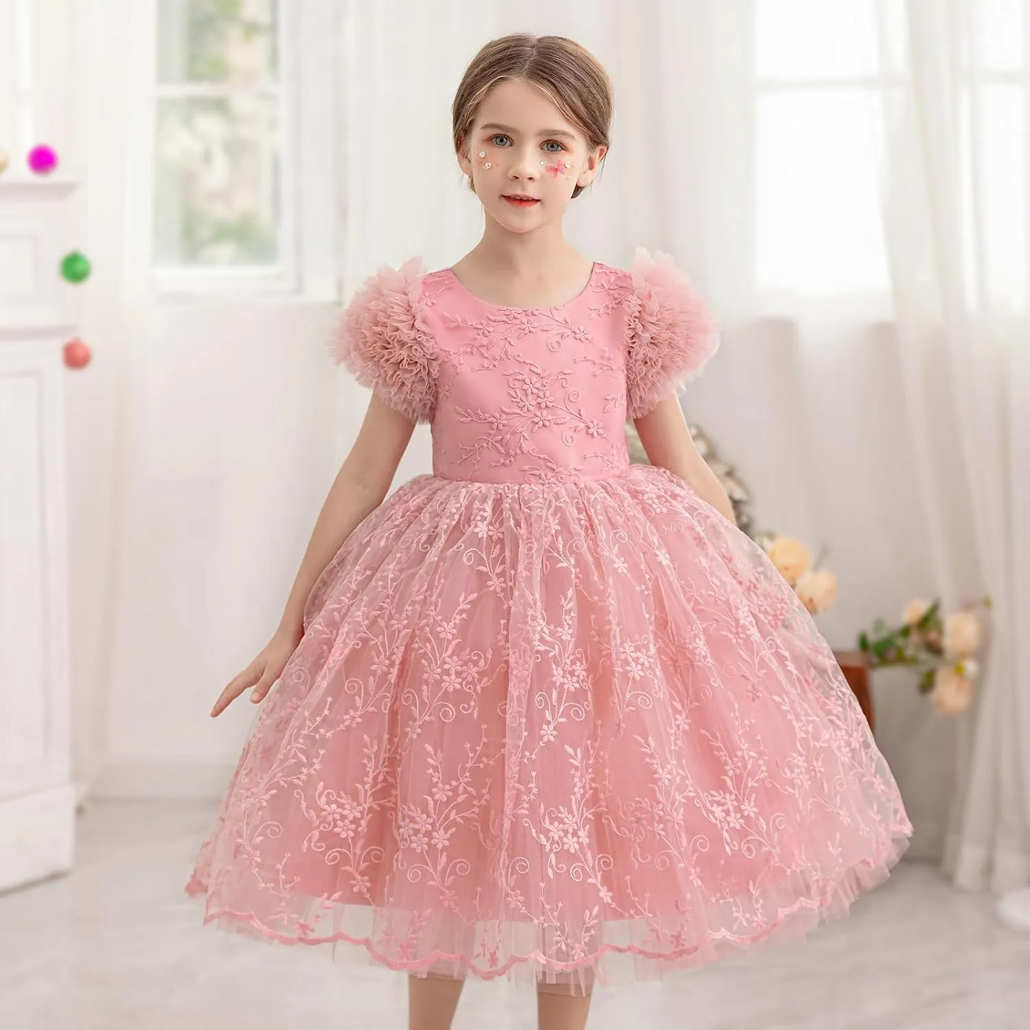 Girls Ruffled Cake Sleeve Lace Dress Fancy Tulle Pageant Homecoming Party Dresses