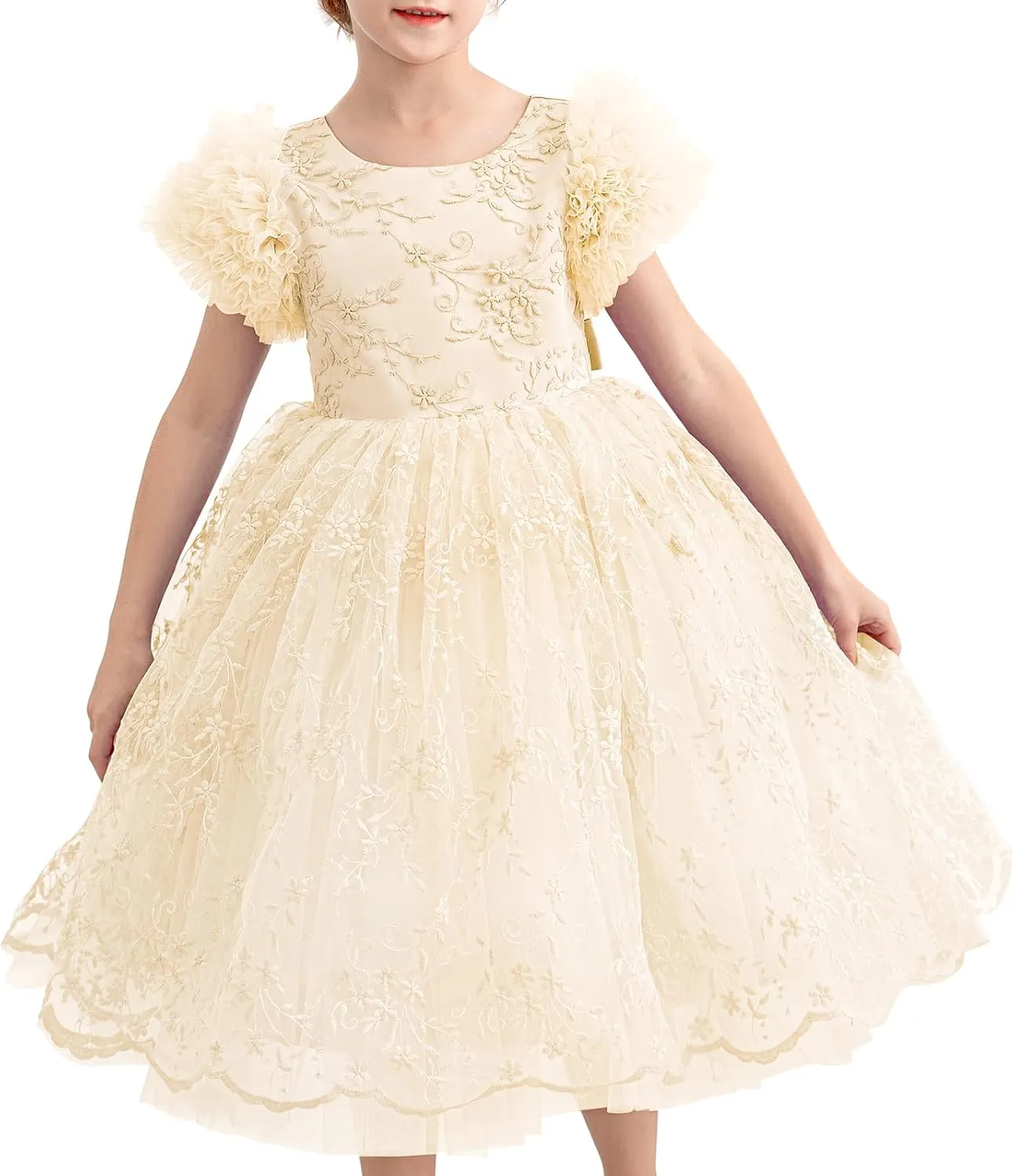Girls Ruffled Cake Sleeve Lace Dress Fancy Tulle Pageant Homecoming Party Dresses