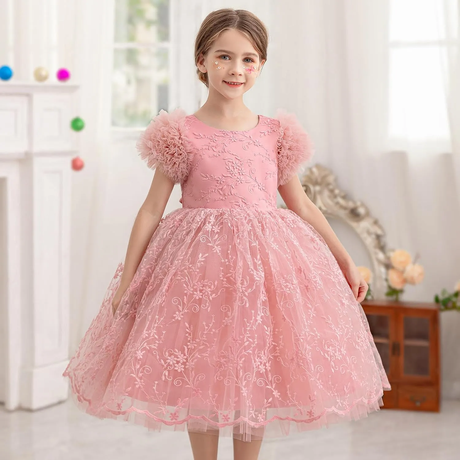 Girls Ruffled Cake Sleeve Lace Dress Fancy Tulle Pageant Homecoming Party Dresses