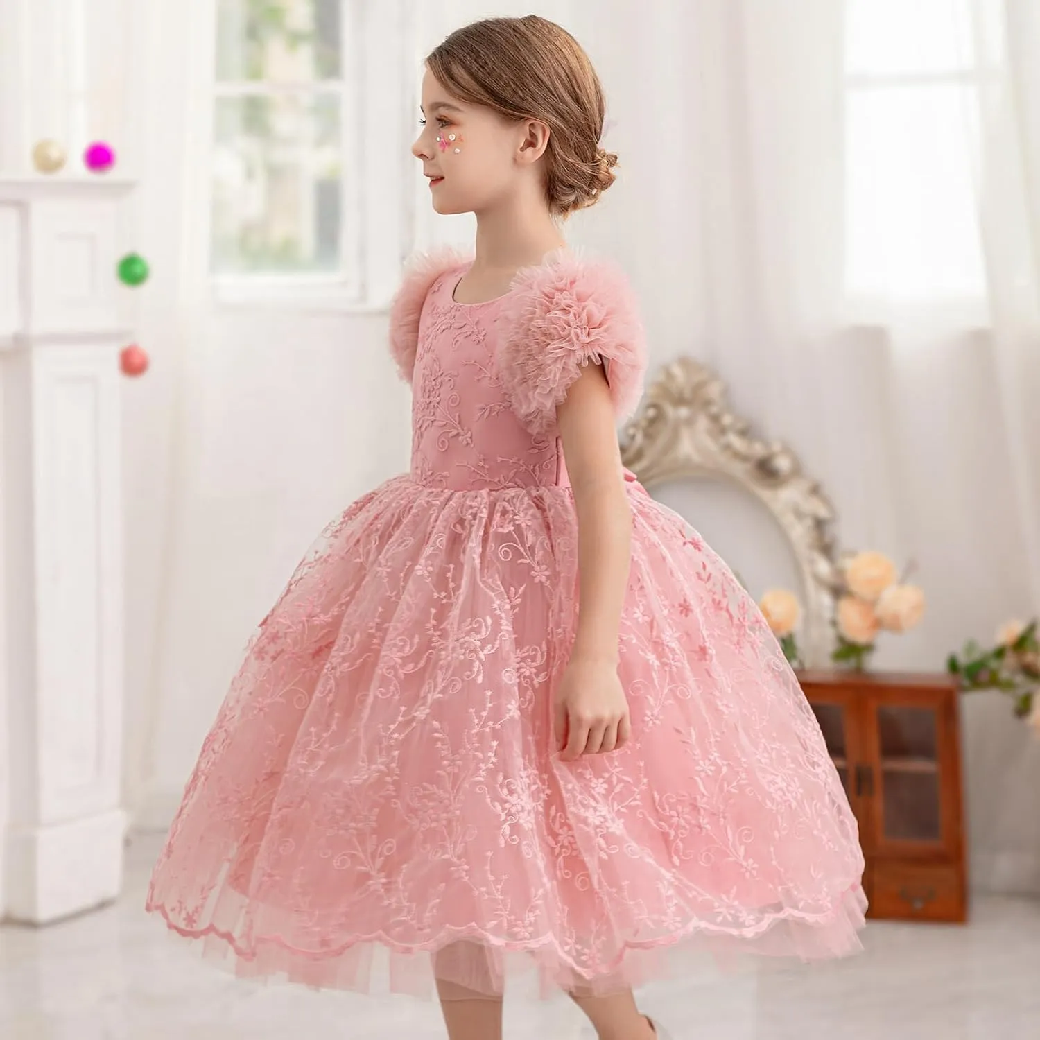 Girls Ruffled Cake Sleeve Lace Dress Fancy Tulle Pageant Homecoming Party Dresses