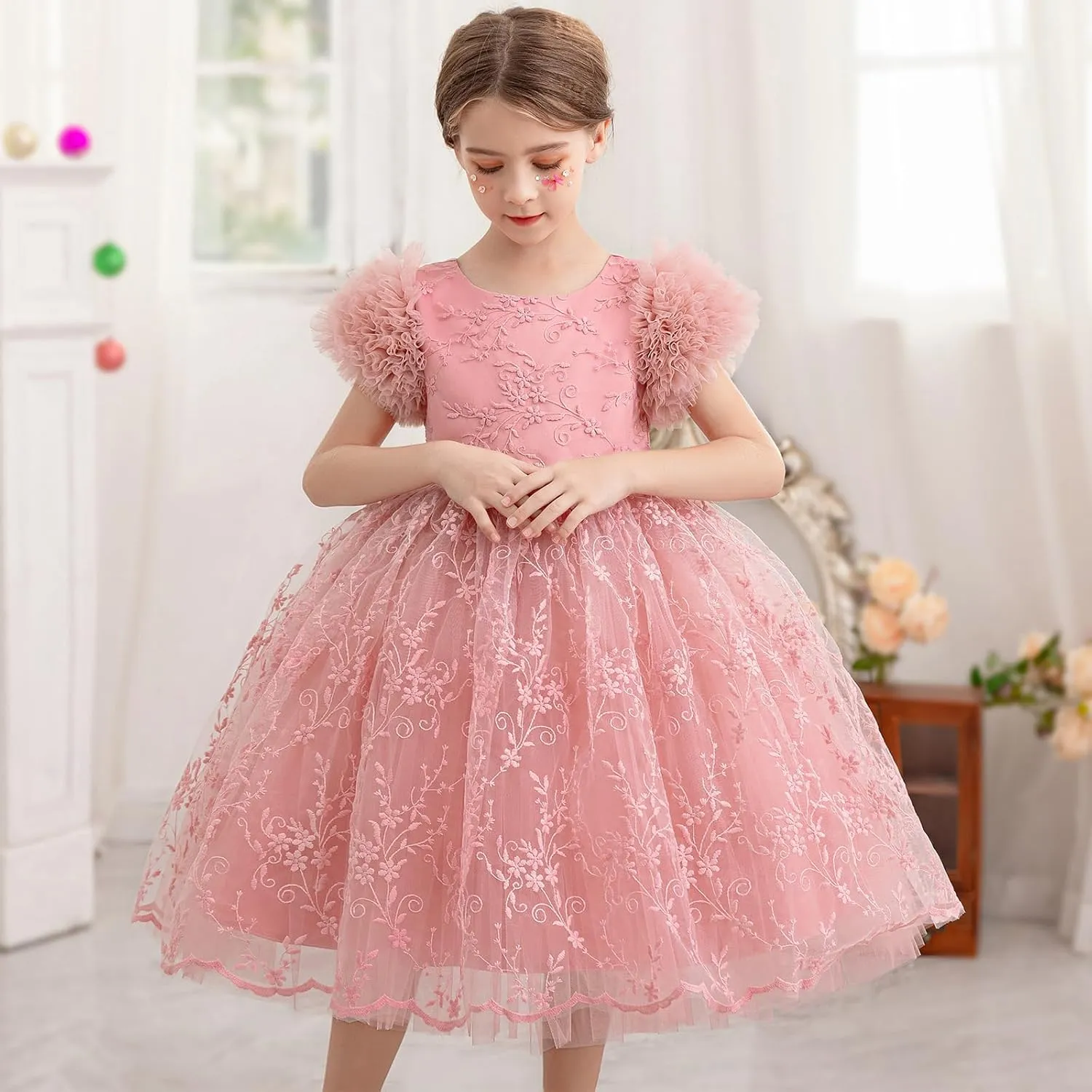 Girls Ruffled Cake Sleeve Lace Dress Fancy Tulle Pageant Homecoming Party Dresses