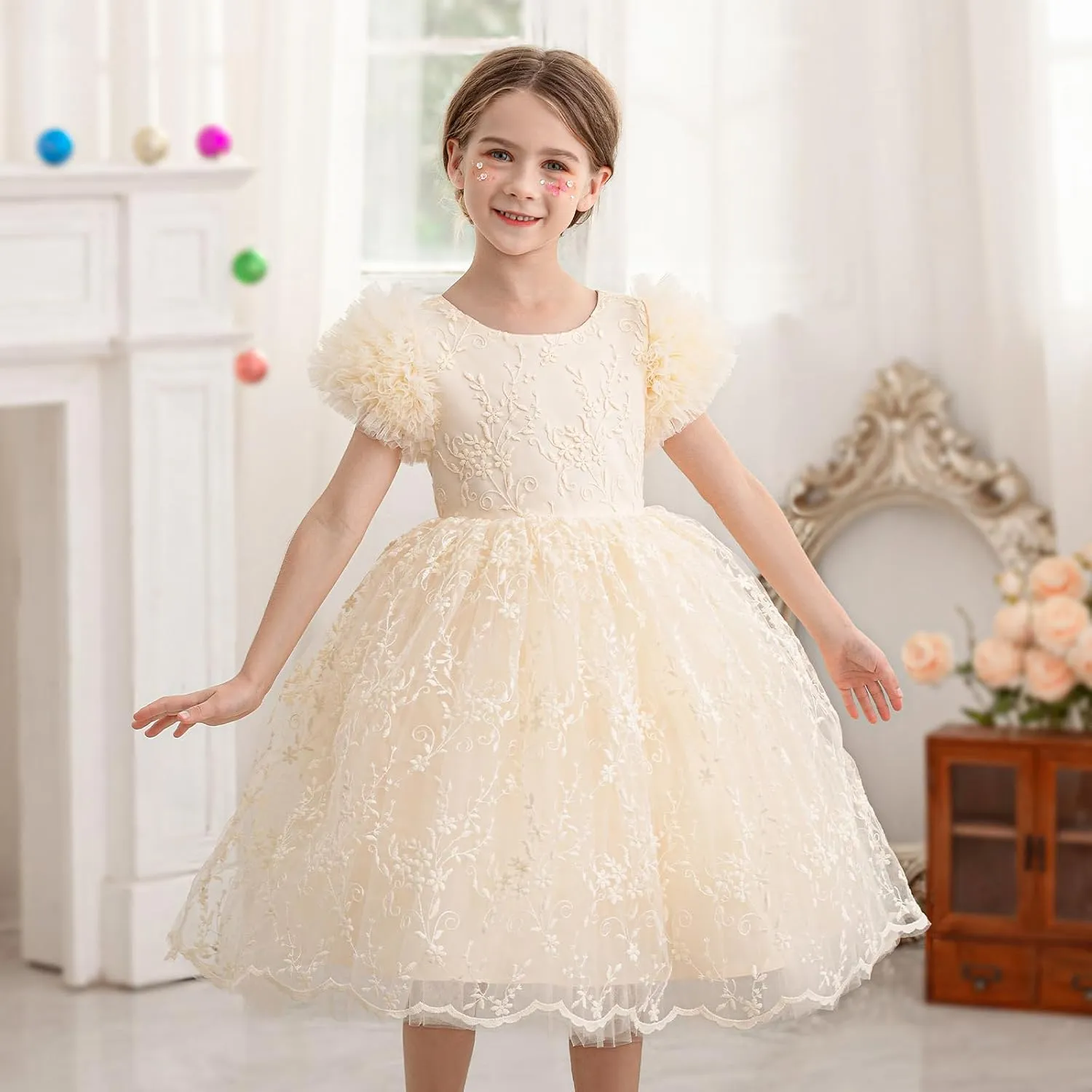 Girls Ruffled Cake Sleeve Lace Dress Fancy Tulle Pageant Homecoming Party Dresses