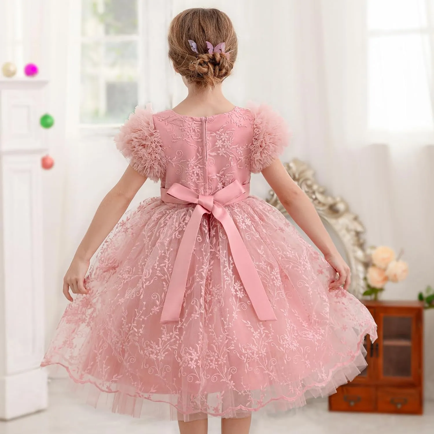 Girls Ruffled Cake Sleeve Lace Dress Fancy Tulle Pageant Homecoming Party Dresses