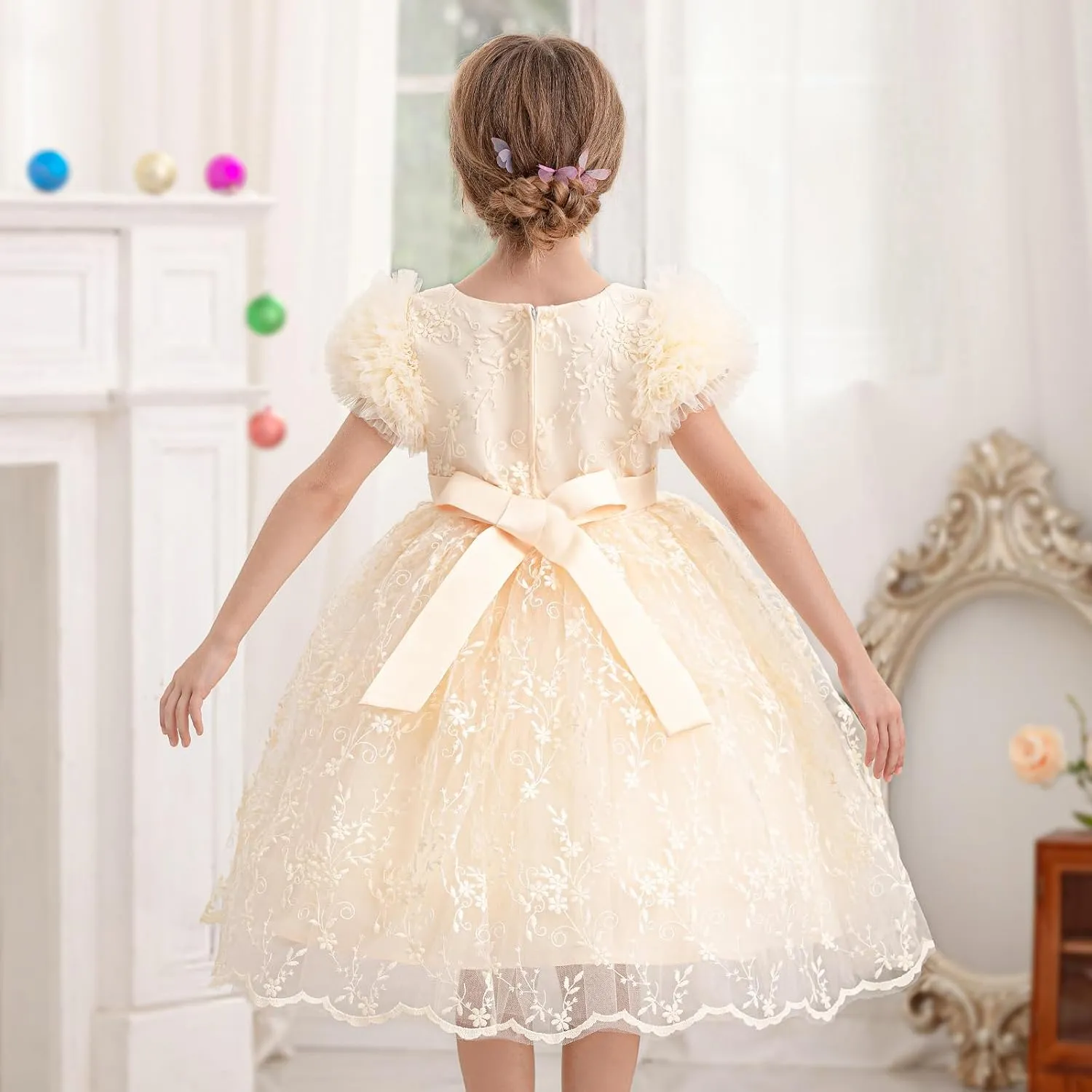 Girls Ruffled Cake Sleeve Lace Dress Fancy Tulle Pageant Homecoming Party Dresses