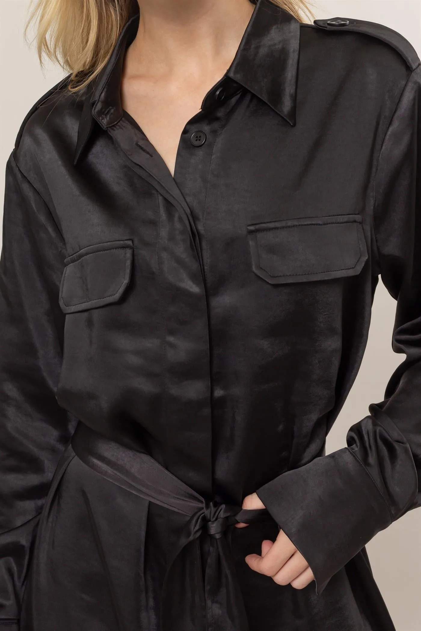 HF25C040-Matte Satin Belted Midi Shirt Dress