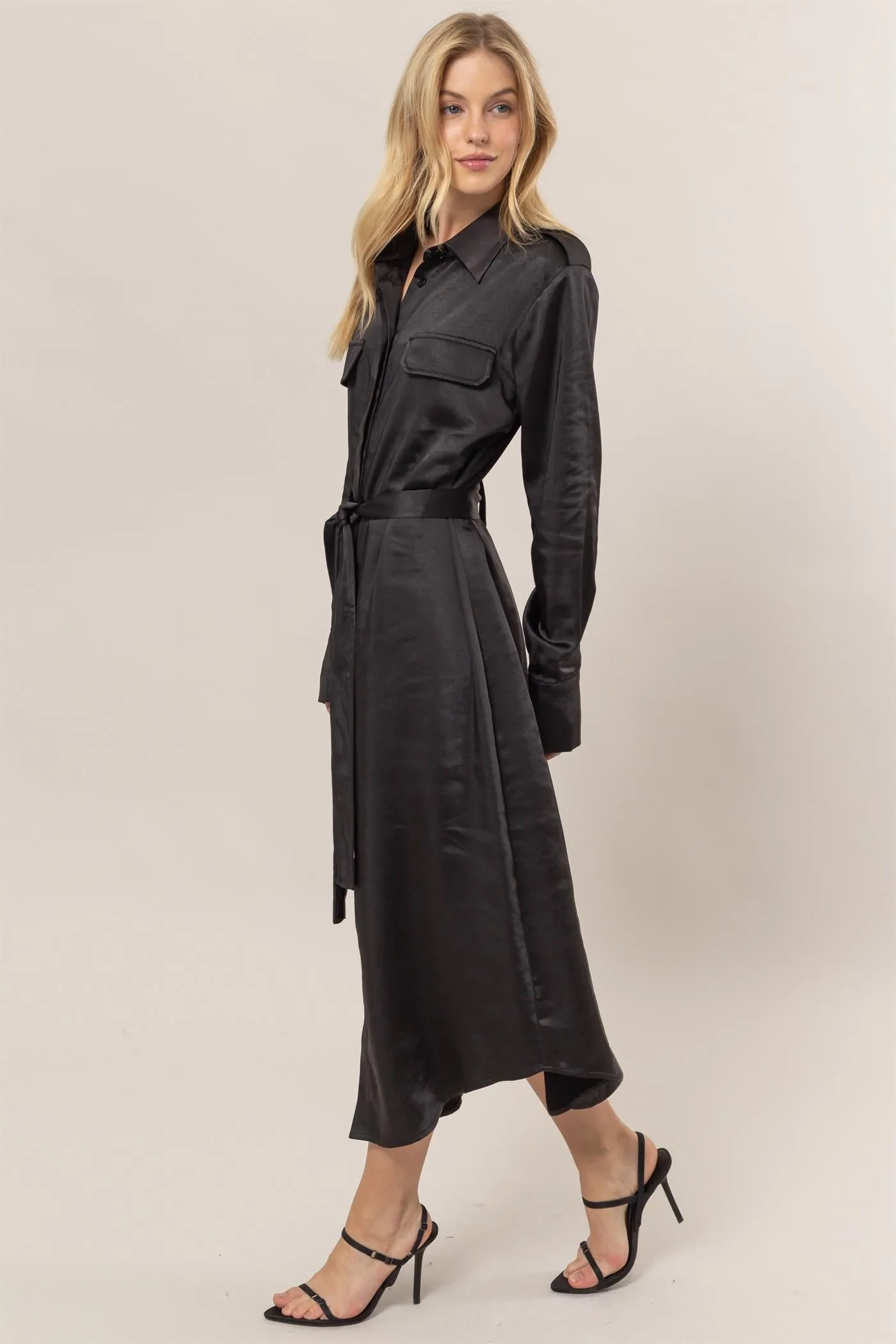 HF25C040-Matte Satin Belted Midi Shirt Dress