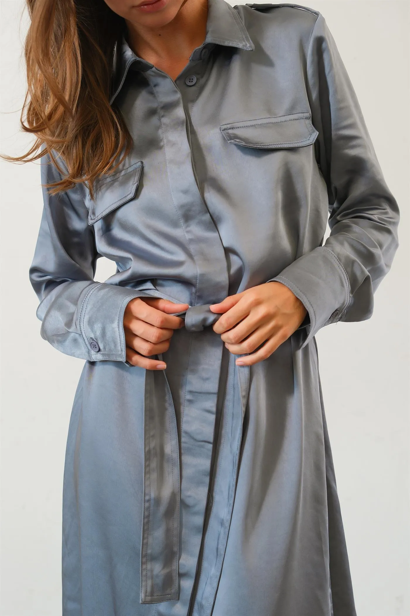 HF25C040-Matte Satin Belted Midi Shirt Dress