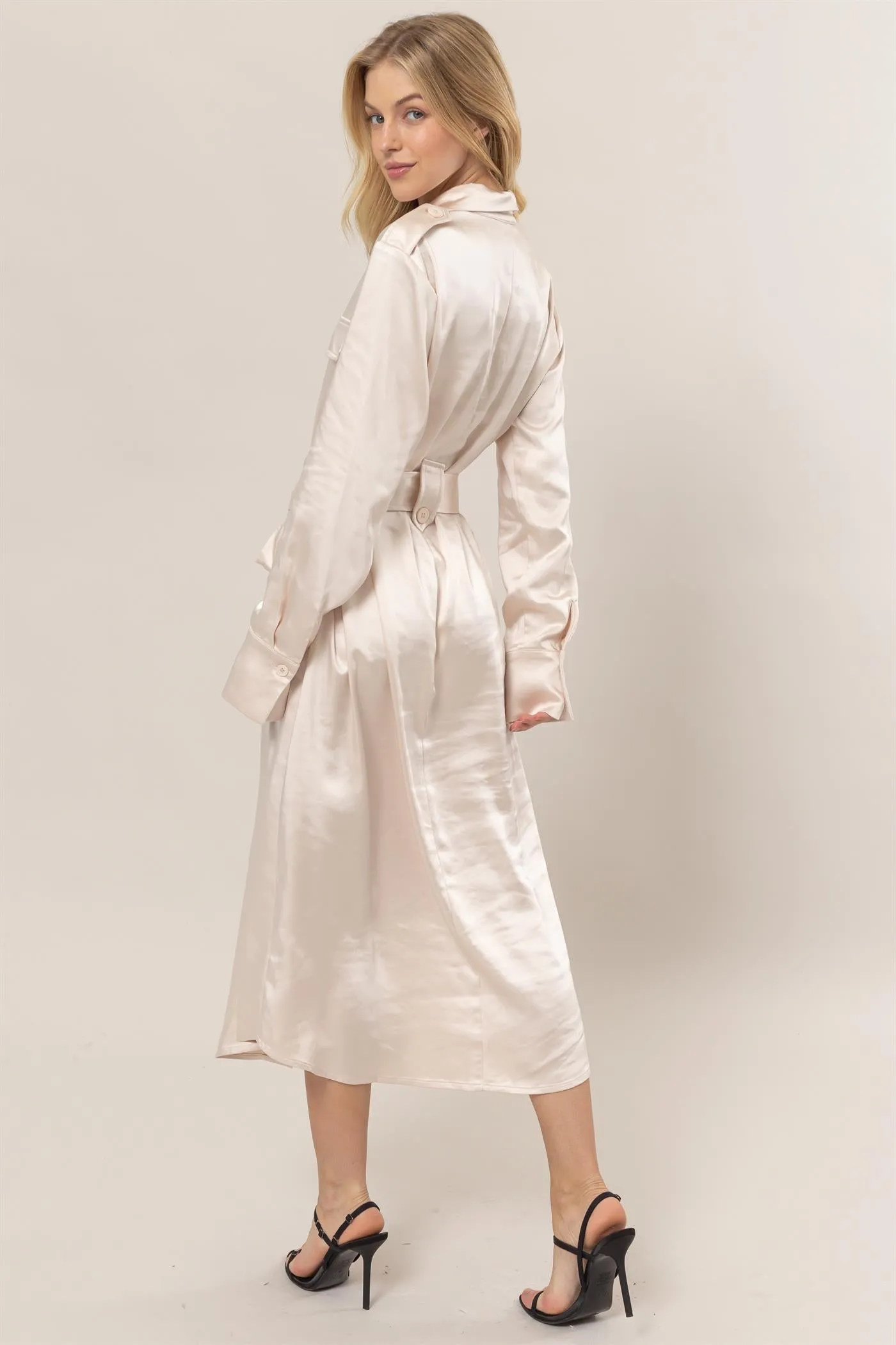HF25C040-Matte Satin Belted Midi Shirt Dress