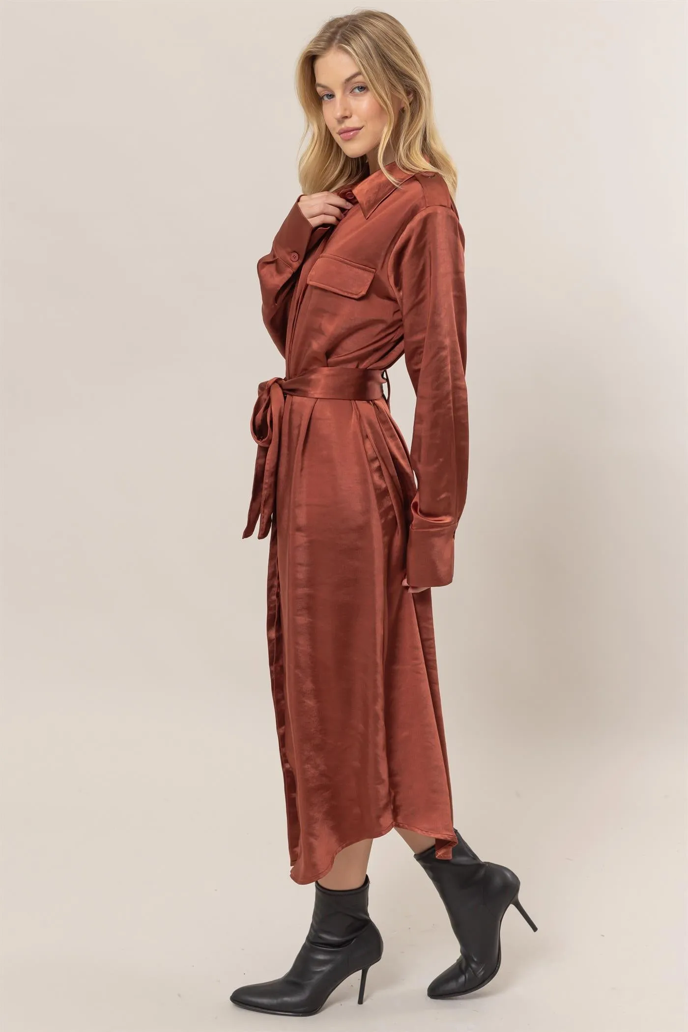 HF25C040-Matte Satin Belted Midi Shirt Dress