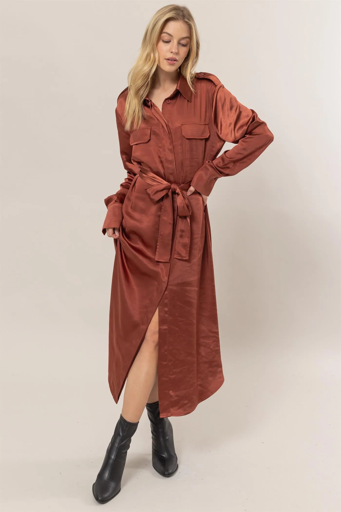 HF25C040-Matte Satin Belted Midi Shirt Dress