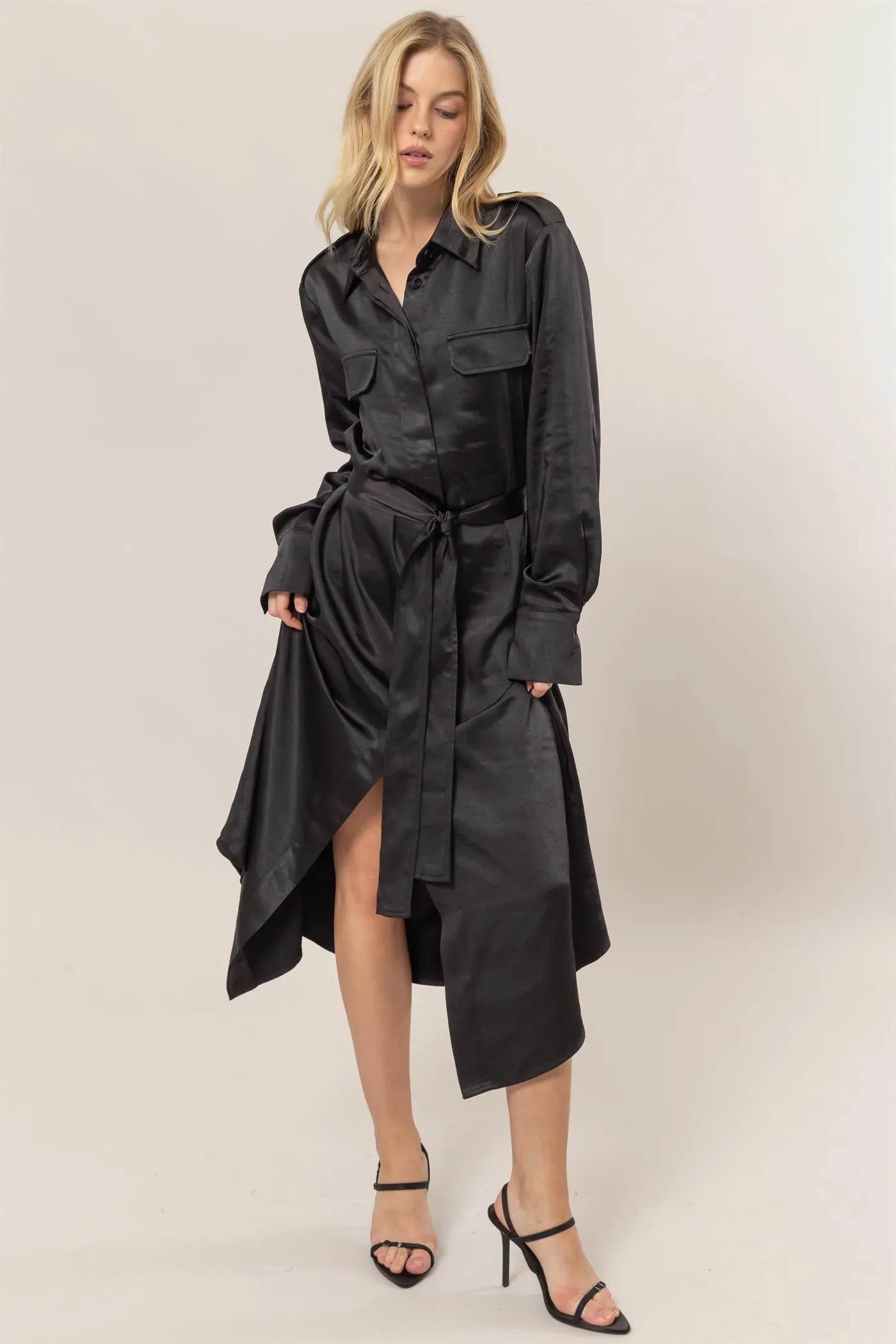 HF25C040-Matte Satin Belted Midi Shirt Dress