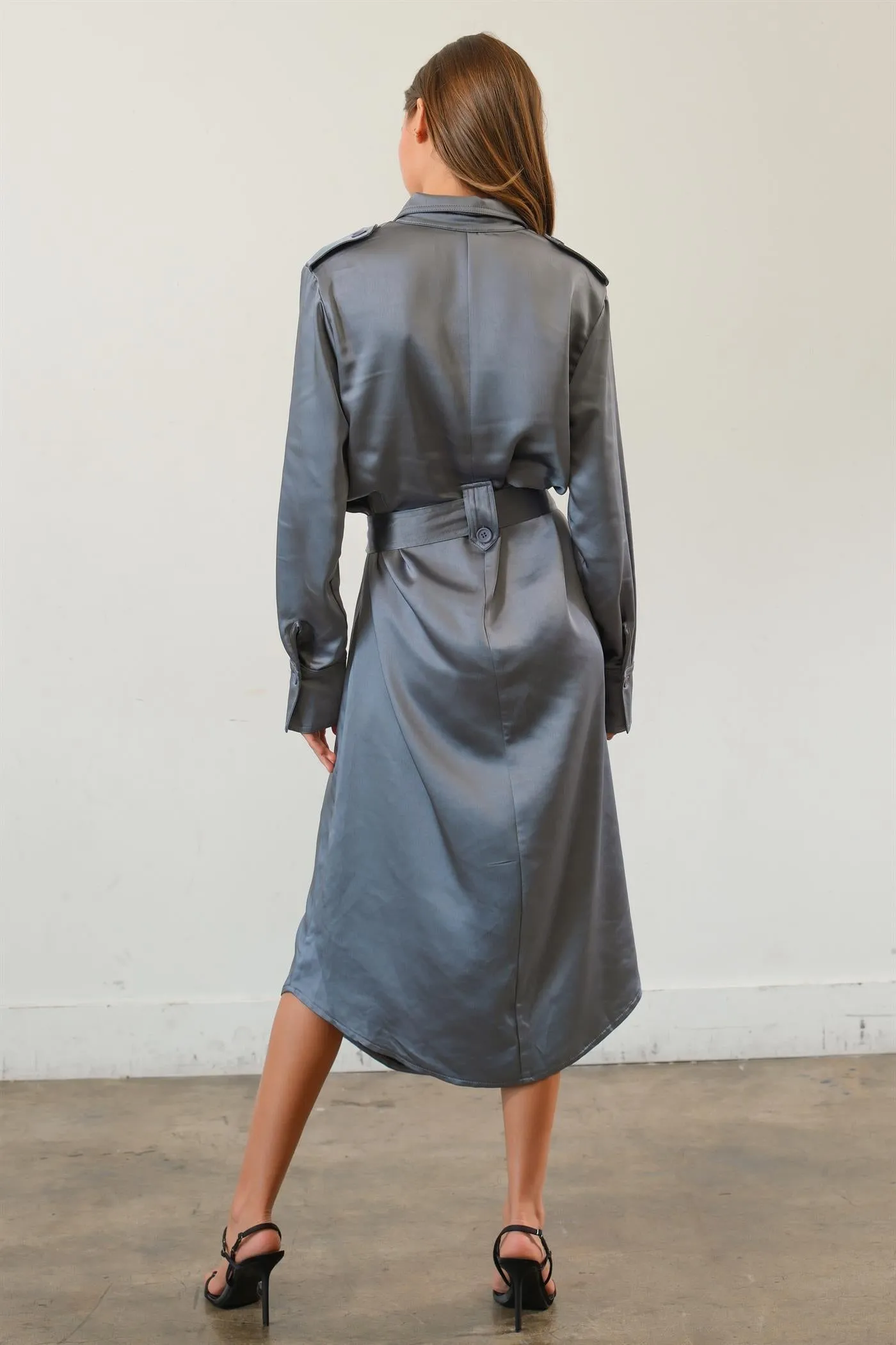 HF25C040-Matte Satin Belted Midi Shirt Dress