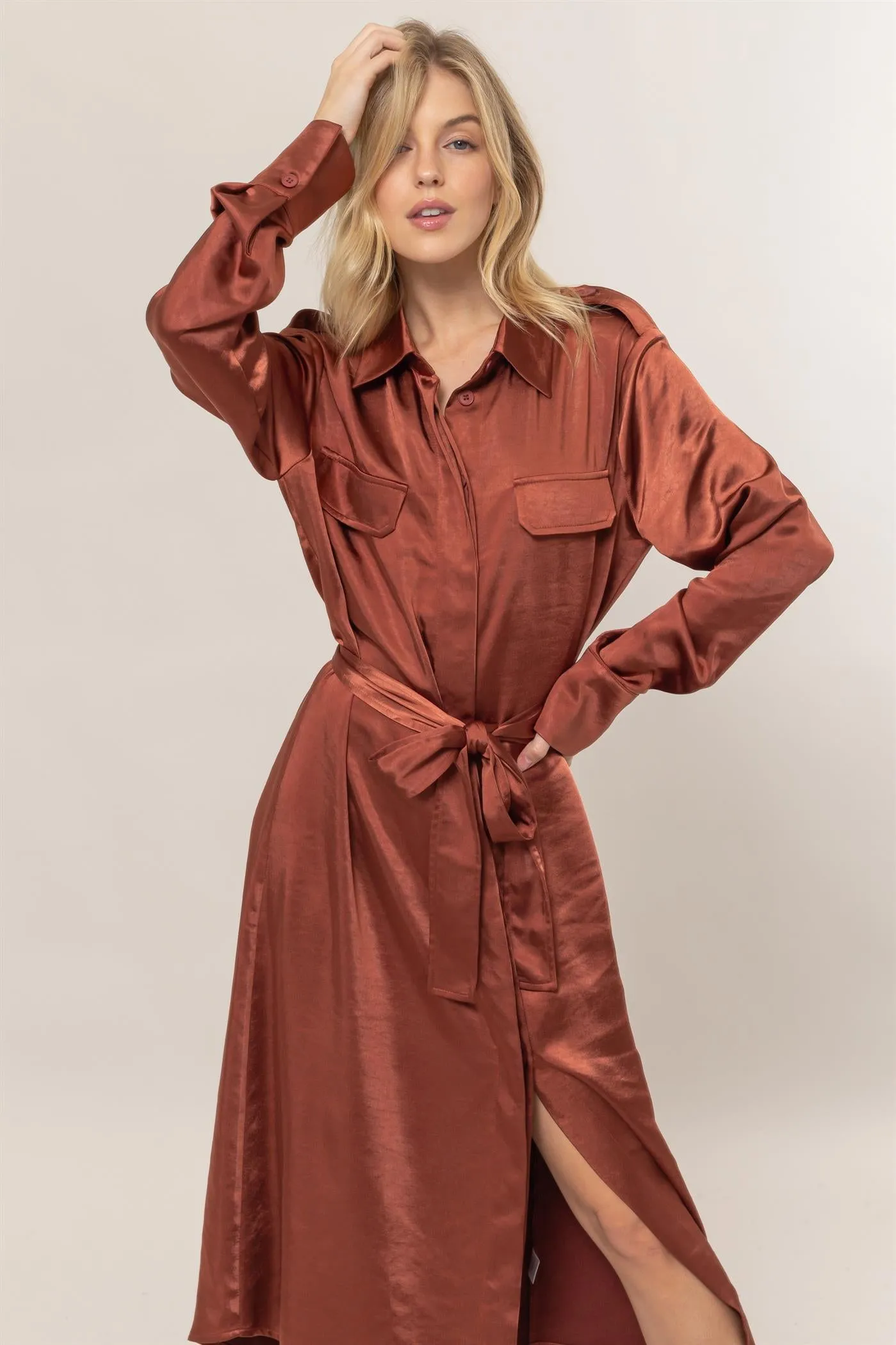 HF25C040-Matte Satin Belted Midi Shirt Dress