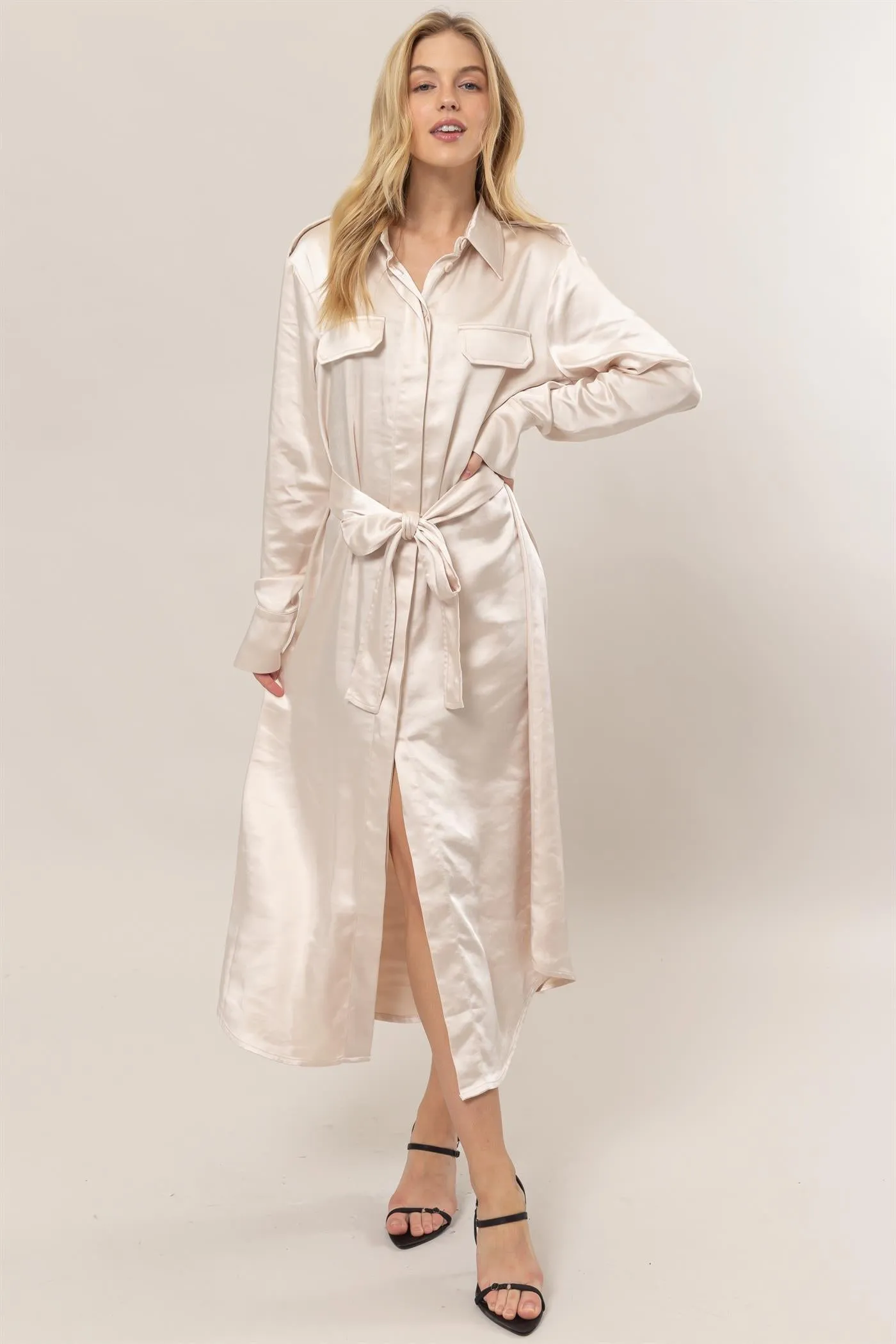 HF25C040-Matte Satin Belted Midi Shirt Dress