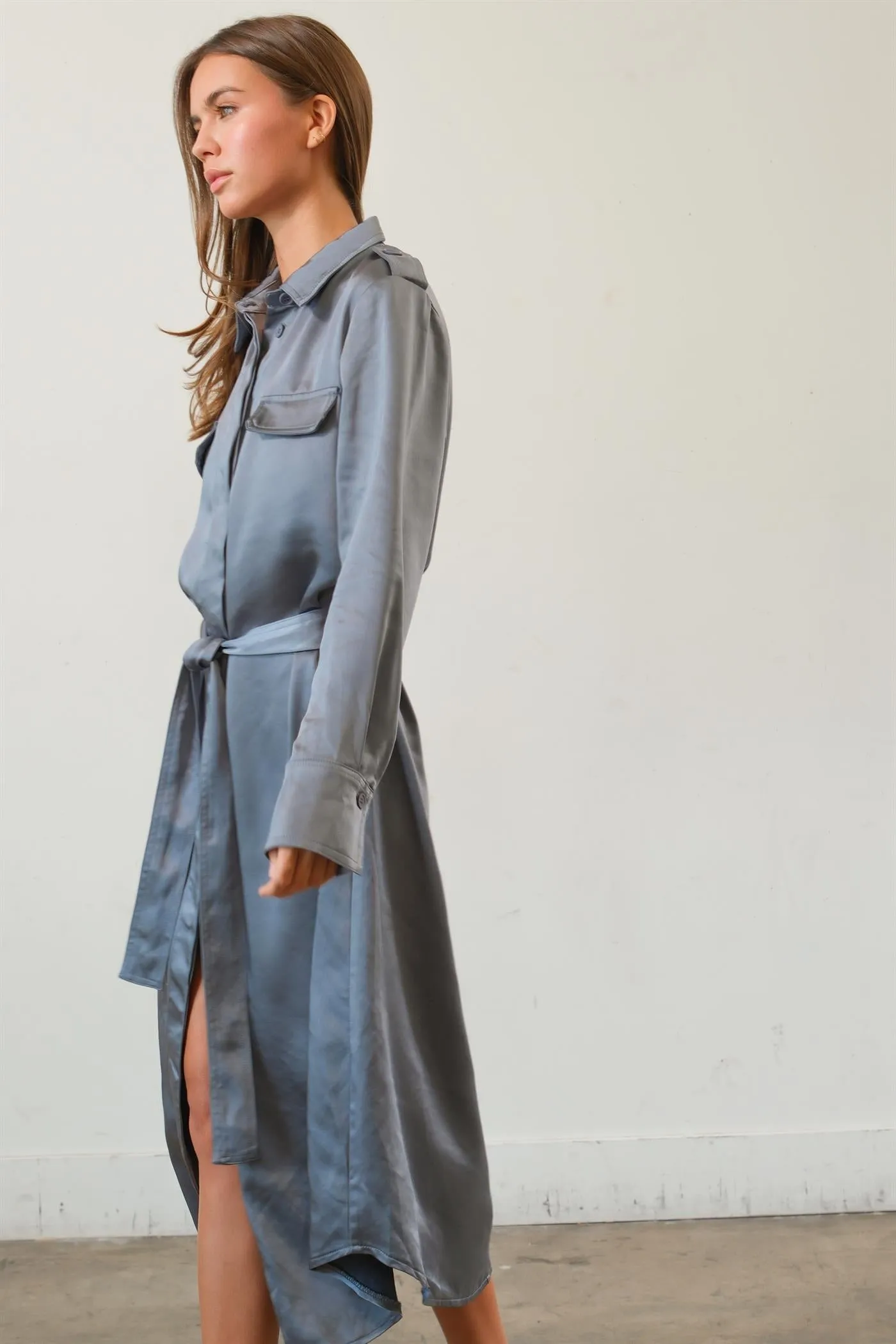 HF25C040-Matte Satin Belted Midi Shirt Dress