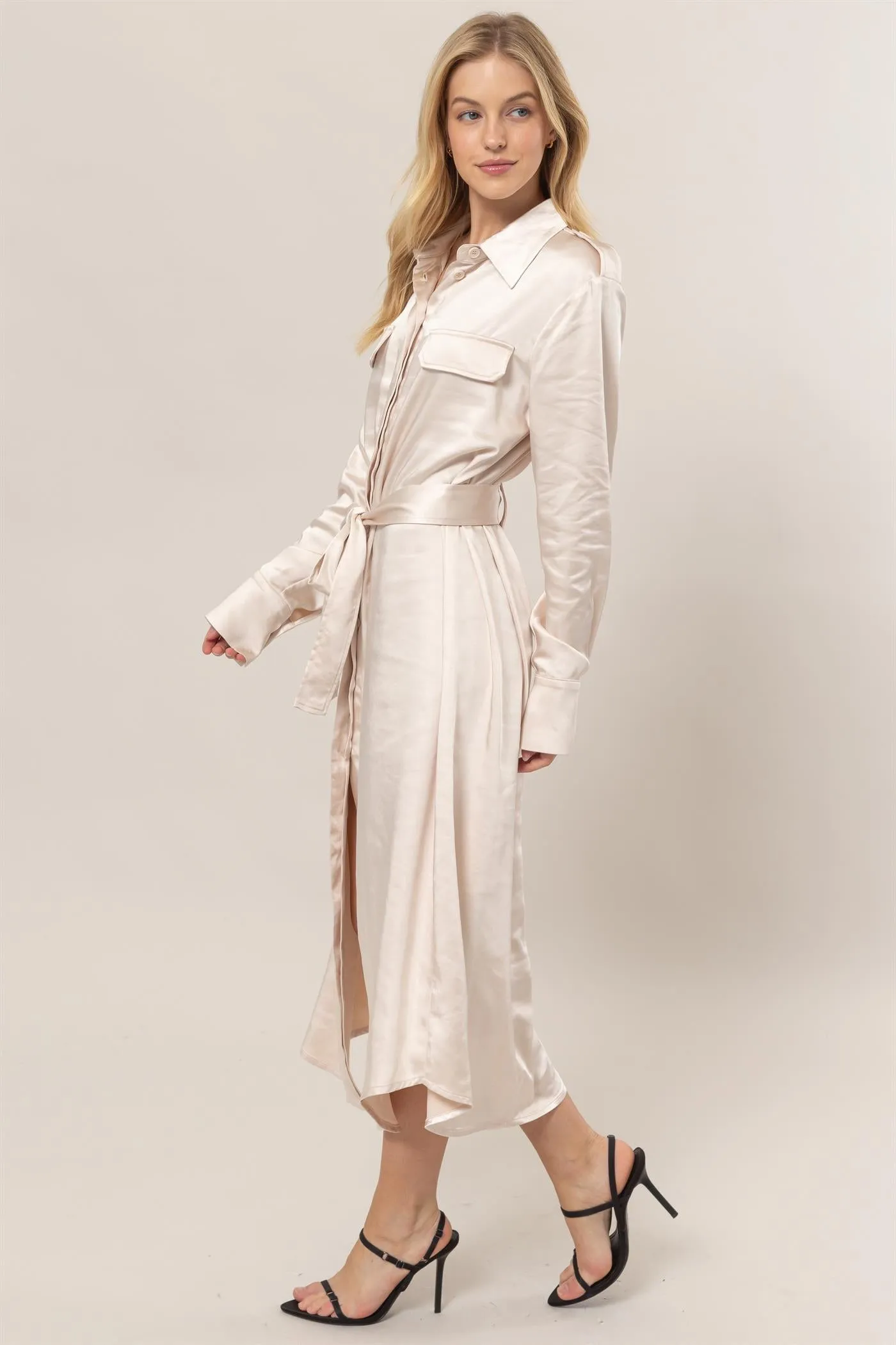 HF25C040-Matte Satin Belted Midi Shirt Dress