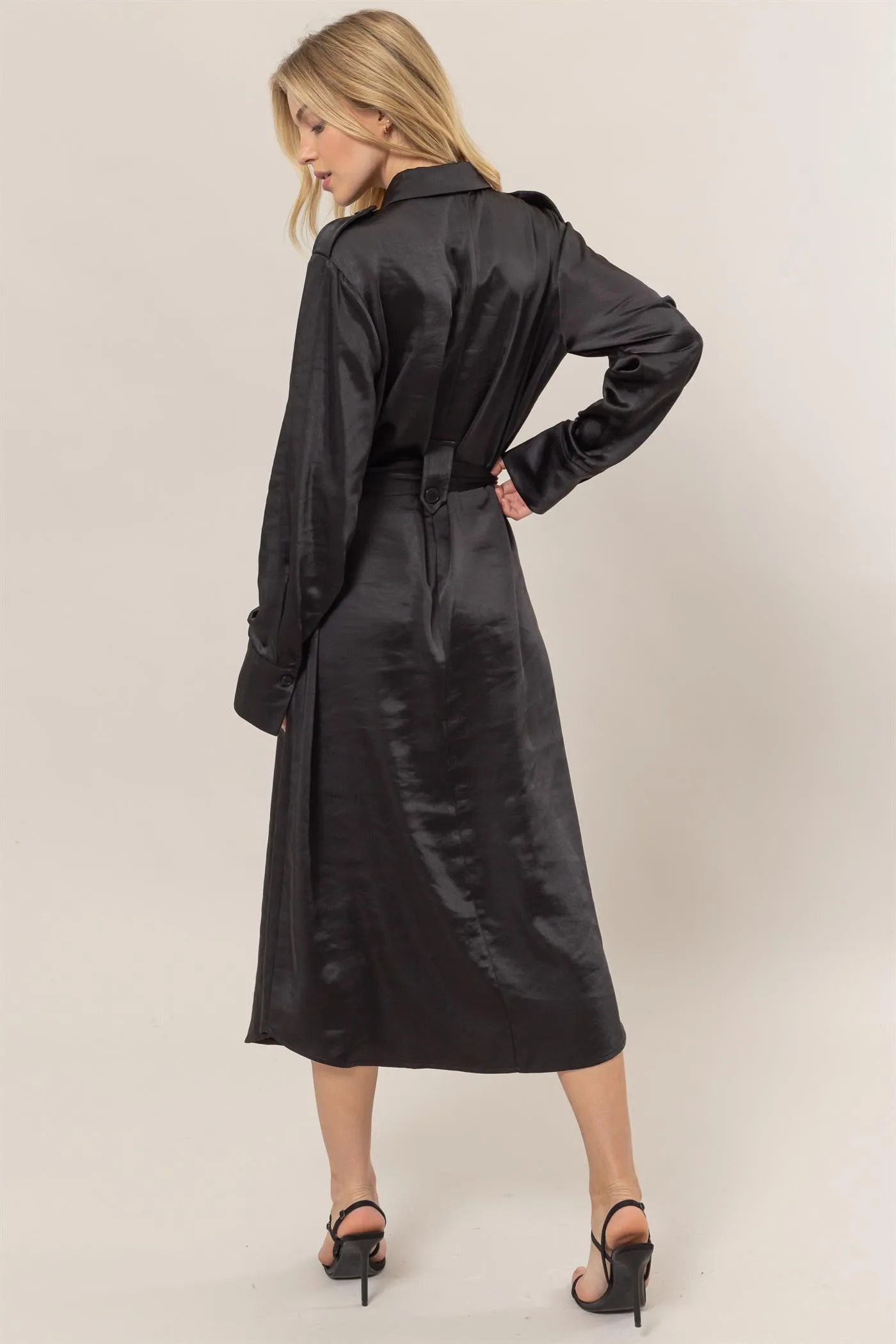 HF25C040-Matte Satin Belted Midi Shirt Dress
