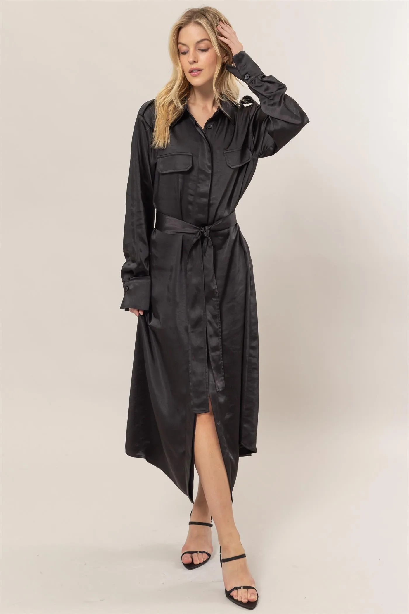 HF25C040-Matte Satin Belted Midi Shirt Dress