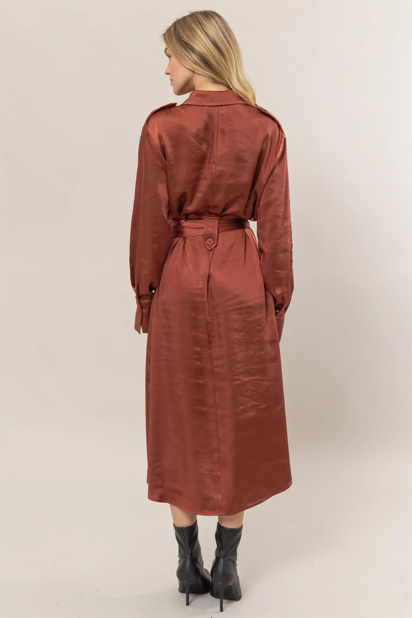 HF25C040-Matte Satin Belted Midi Shirt Dress