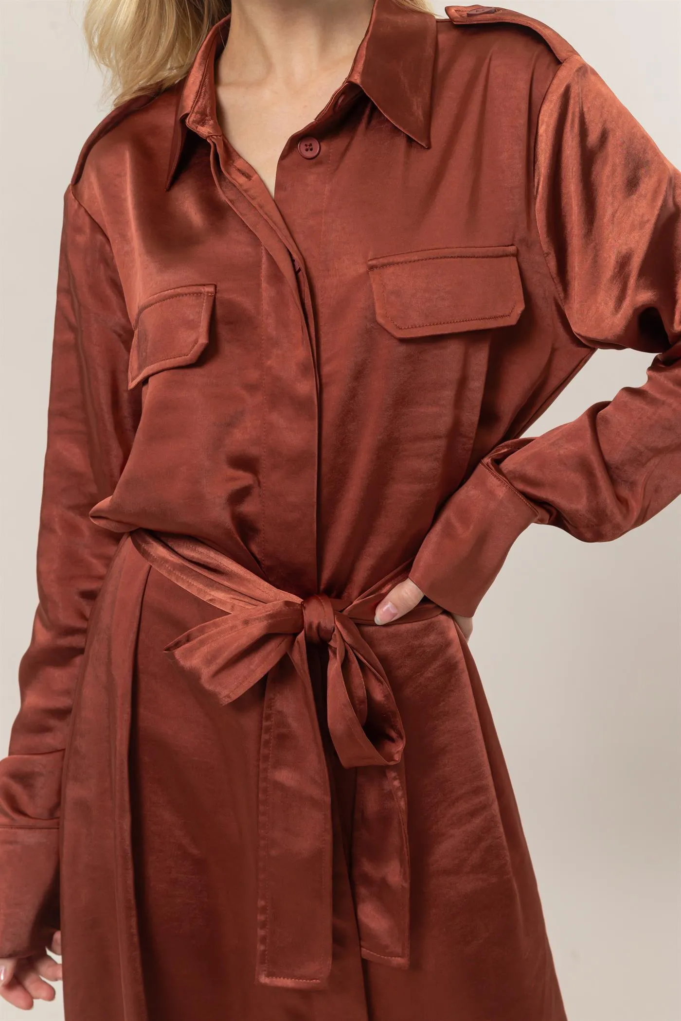 HF25C040-Matte Satin Belted Midi Shirt Dress