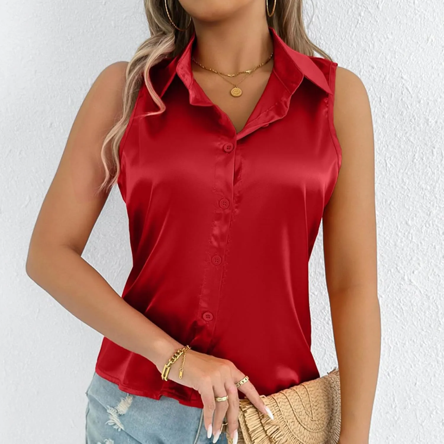 HGps8w Silky Tank Tops for Womens 2025 Summer Button Down Satin Work Shirts Dressy Collared Sleeveless Business Casual Blouse