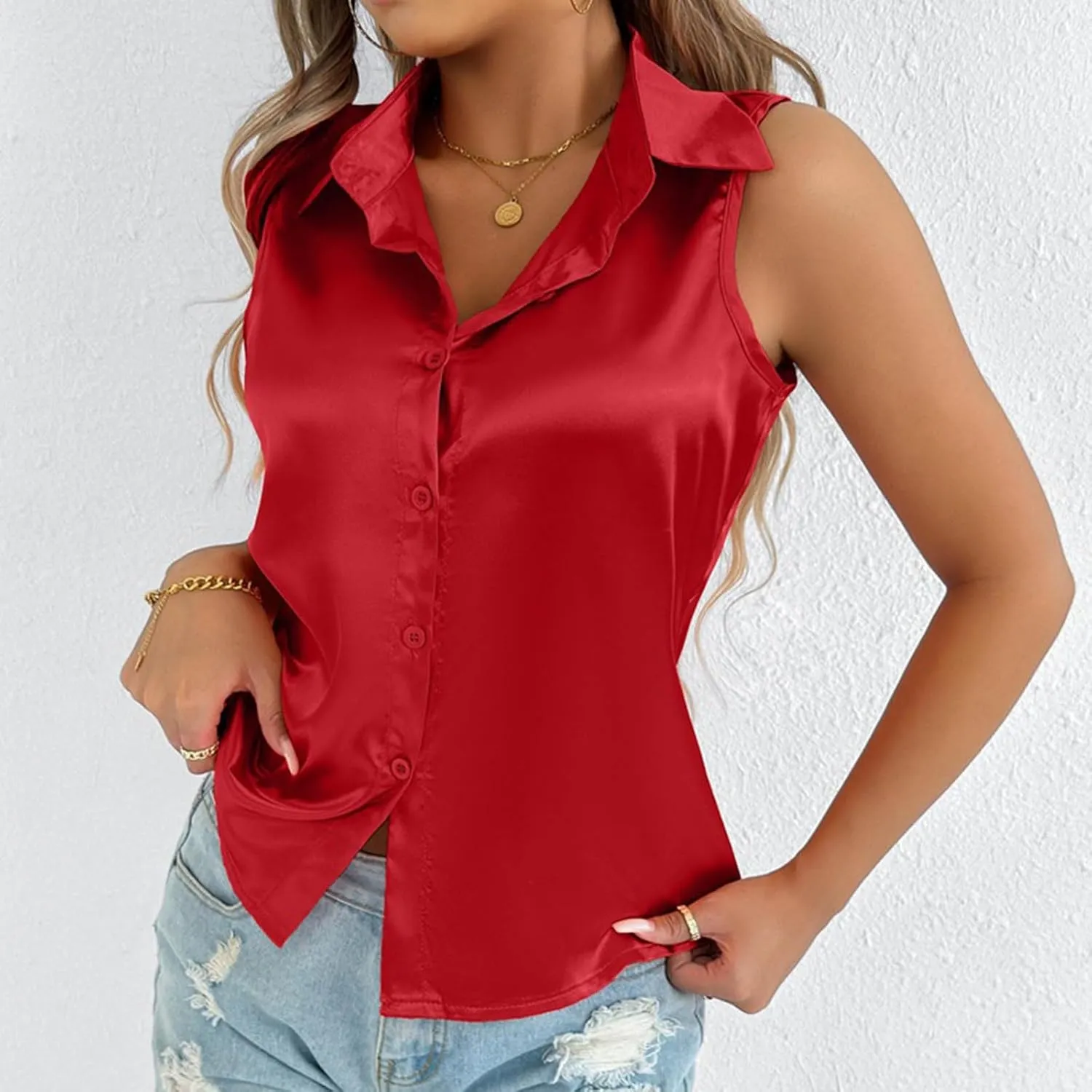 HGps8w Silky Tank Tops for Womens 2025 Summer Button Down Satin Work Shirts Dressy Collared Sleeveless Business Casual Blouse