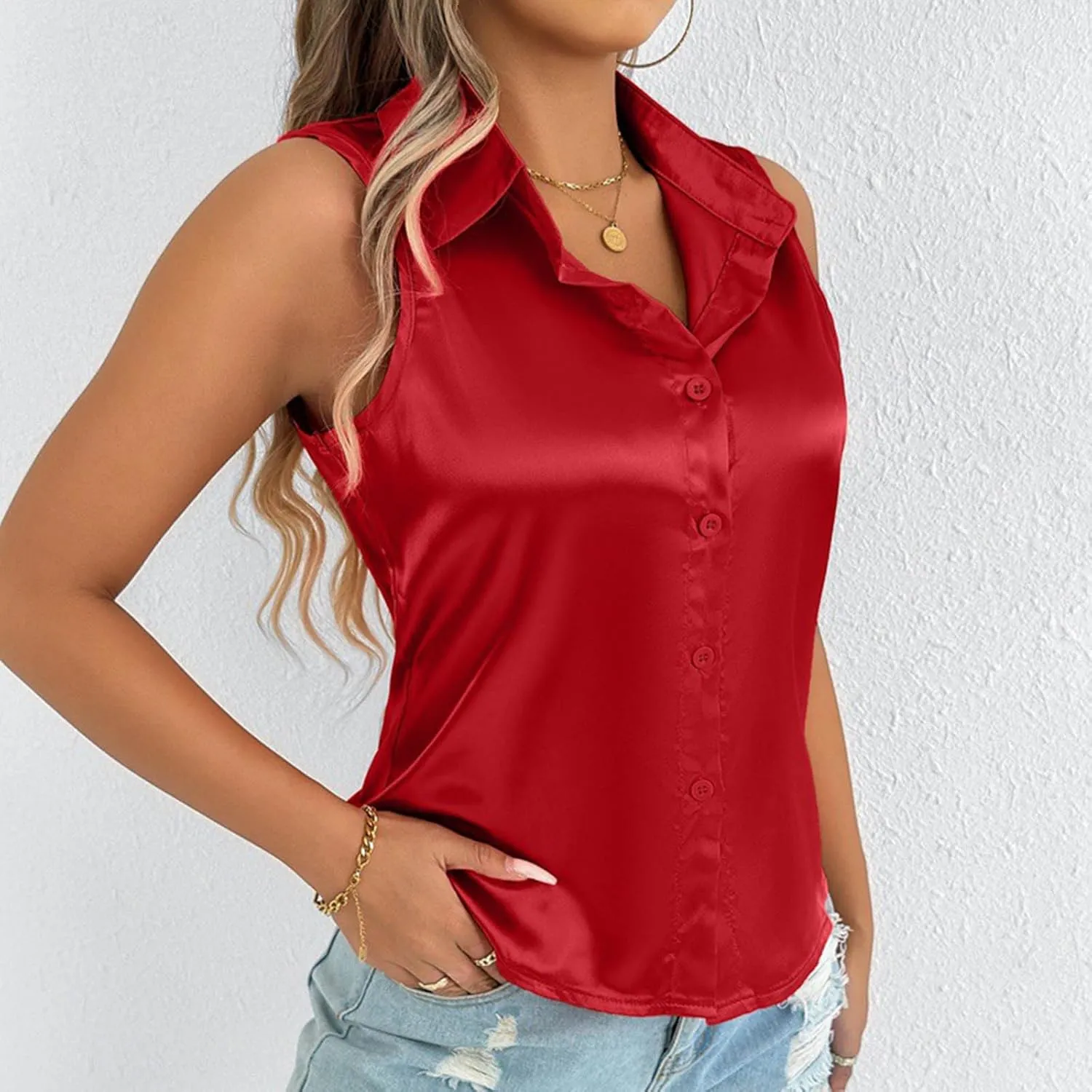 HGps8w Silky Tank Tops for Womens 2025 Summer Button Down Satin Work Shirts Dressy Collared Sleeveless Business Casual Blouse